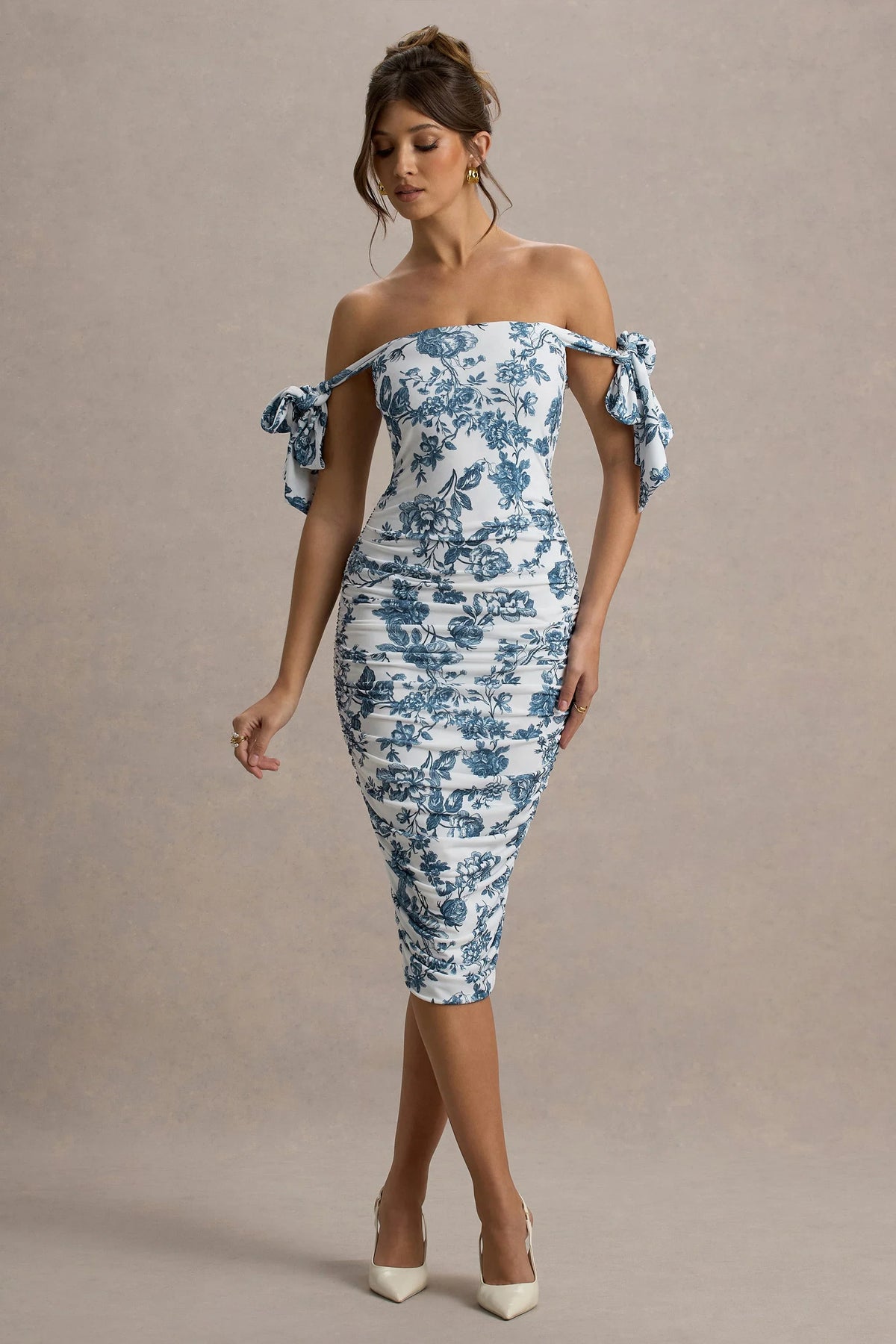 Citrus Blue Porcelain Print Bardot Bodycon Midi Dress With Bow Sleeves