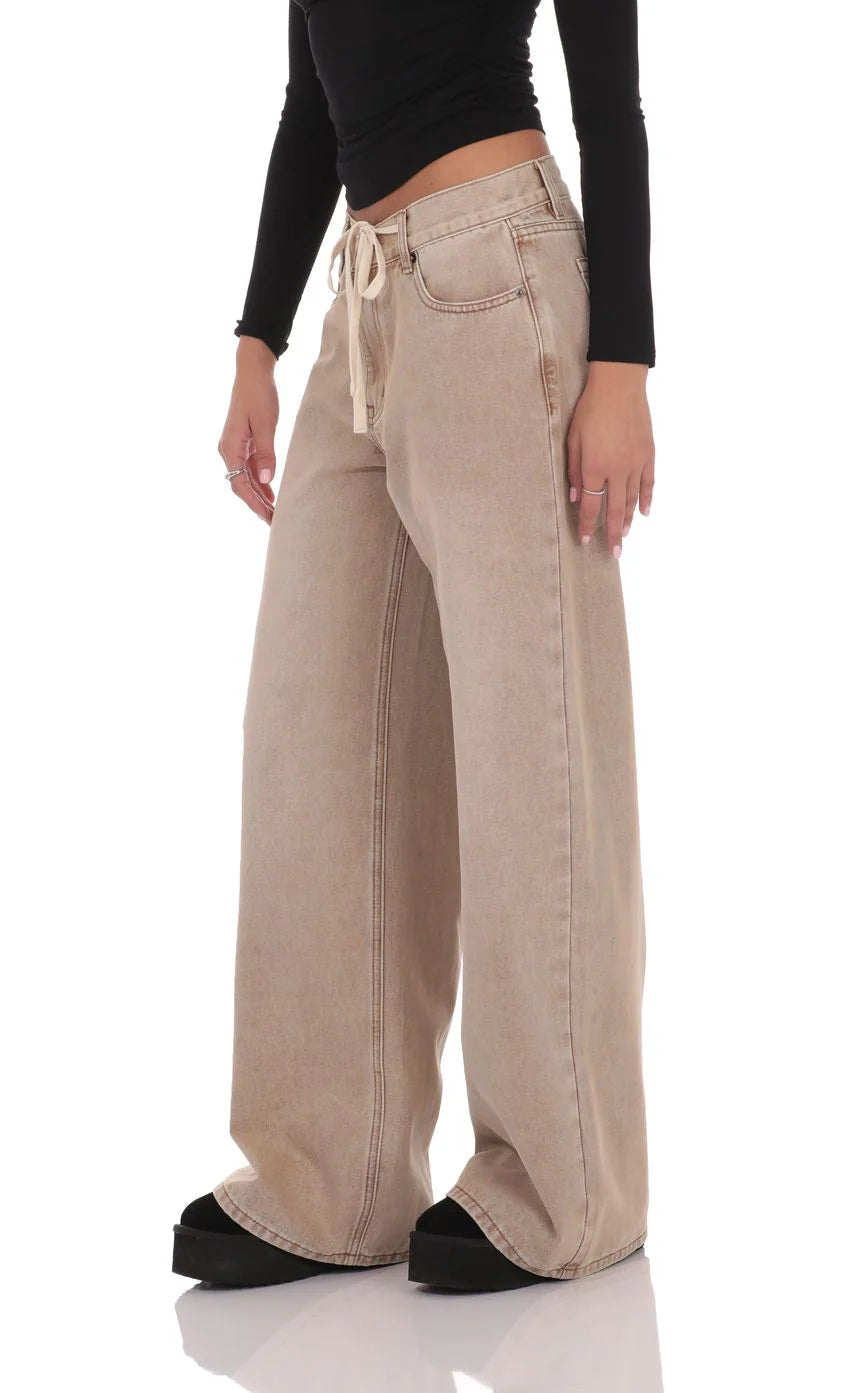 Drawstring Wide Leg Jeans in Camel