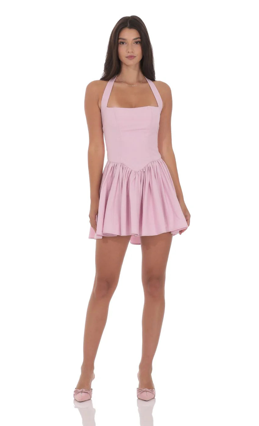 Pinstripe Halter A line Dress in Pink