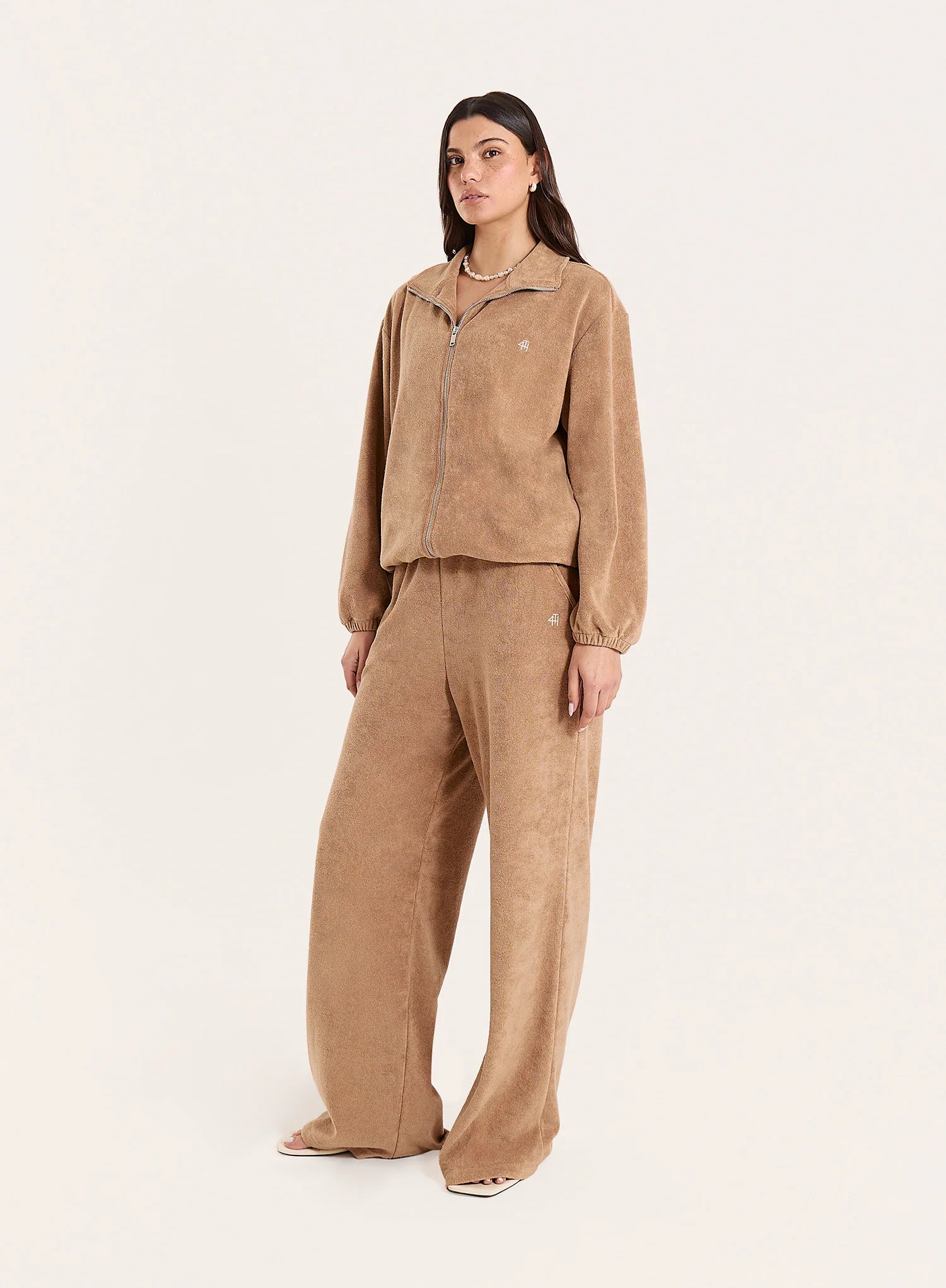 Beige Towelling Funnel Neck Jacket