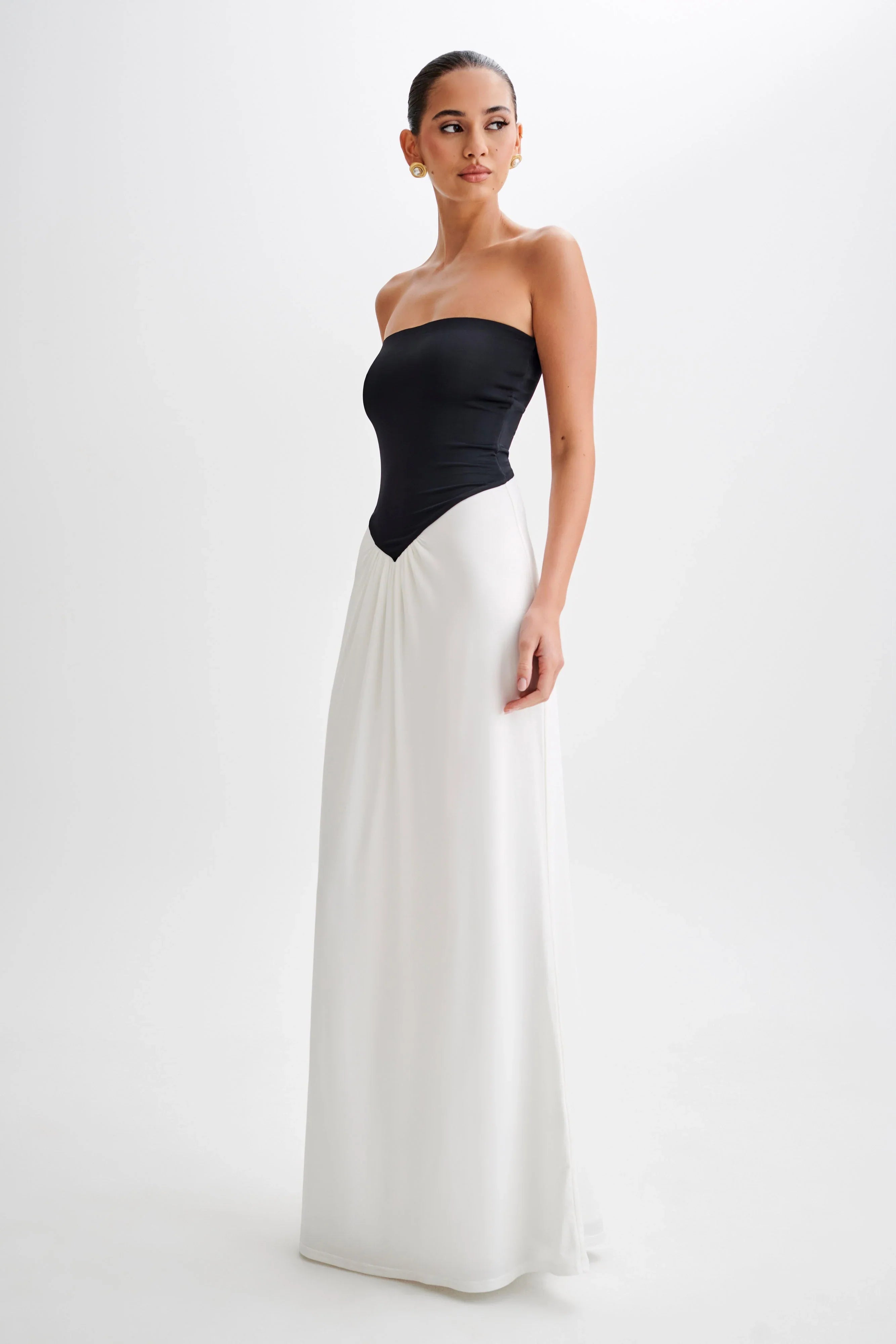 Ruby Strapless Slinky Maxi Dress Black White