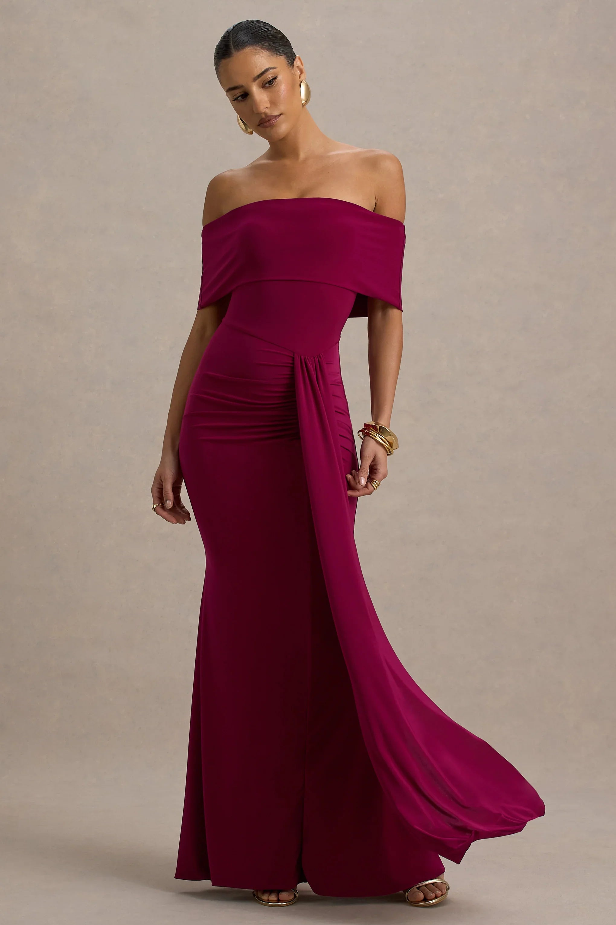 Delma Burgundy Bardot Maxi Dress With Drape Detail