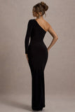 Doll Black Asymmetric One Sleeve Ruched Maxi Dress