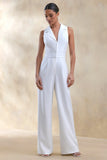 Brillora White Plunge Neck Tailored Jumpsuit