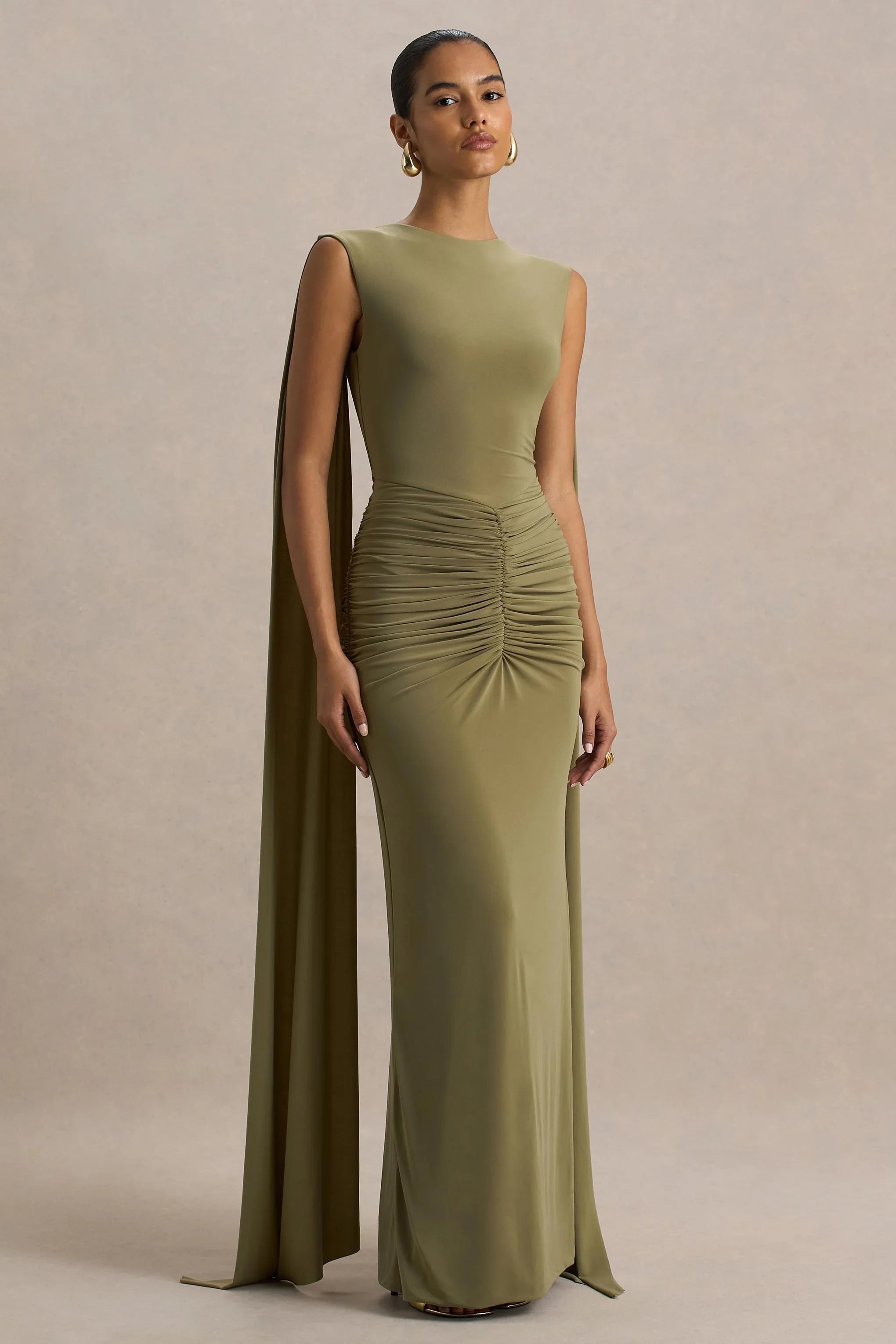 Premiere Olive Boat Neck Maxi Dress With Cape Sleeves And Open Back