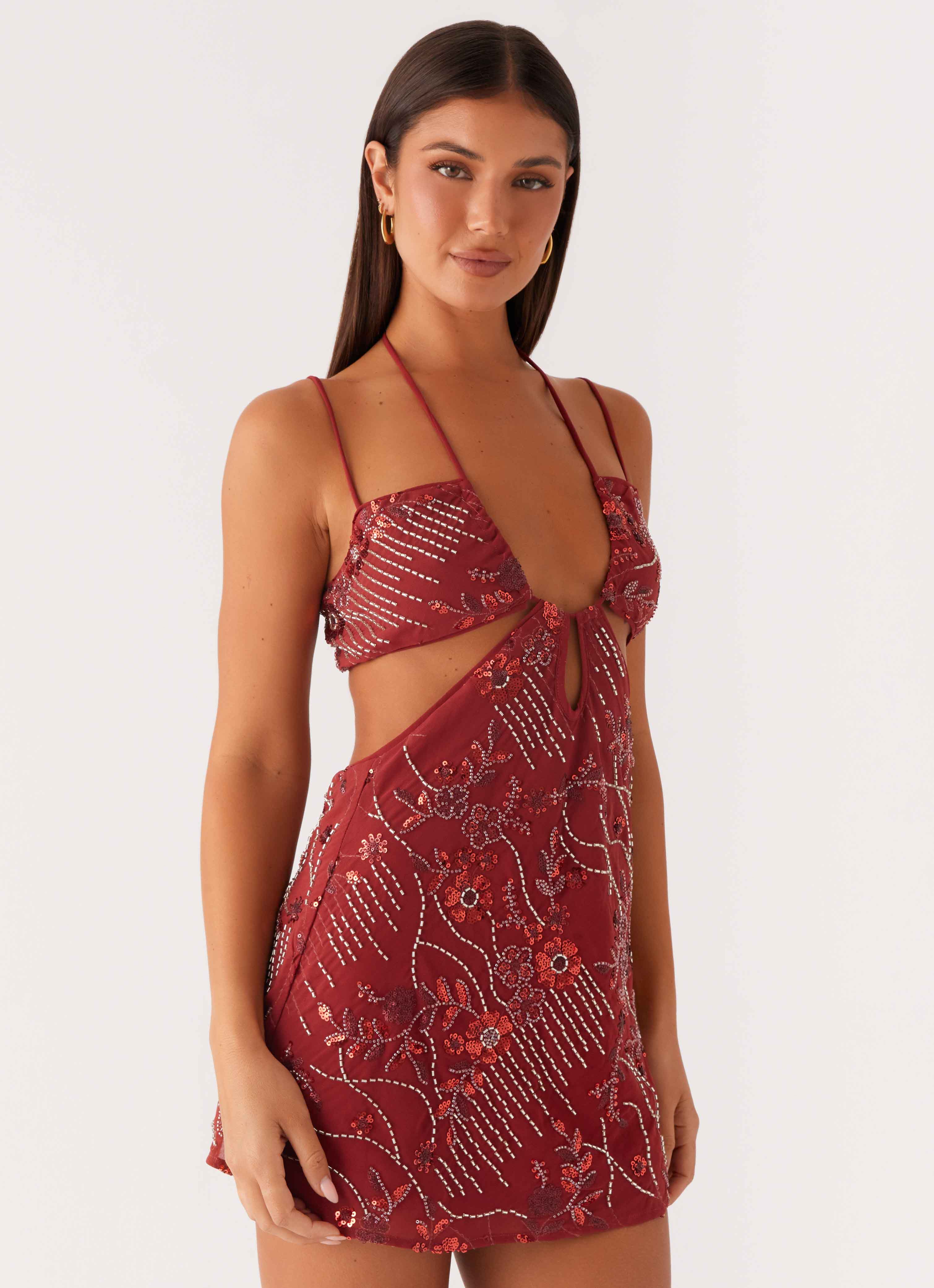 Sahara Nights Beaded Mini Dress Rust