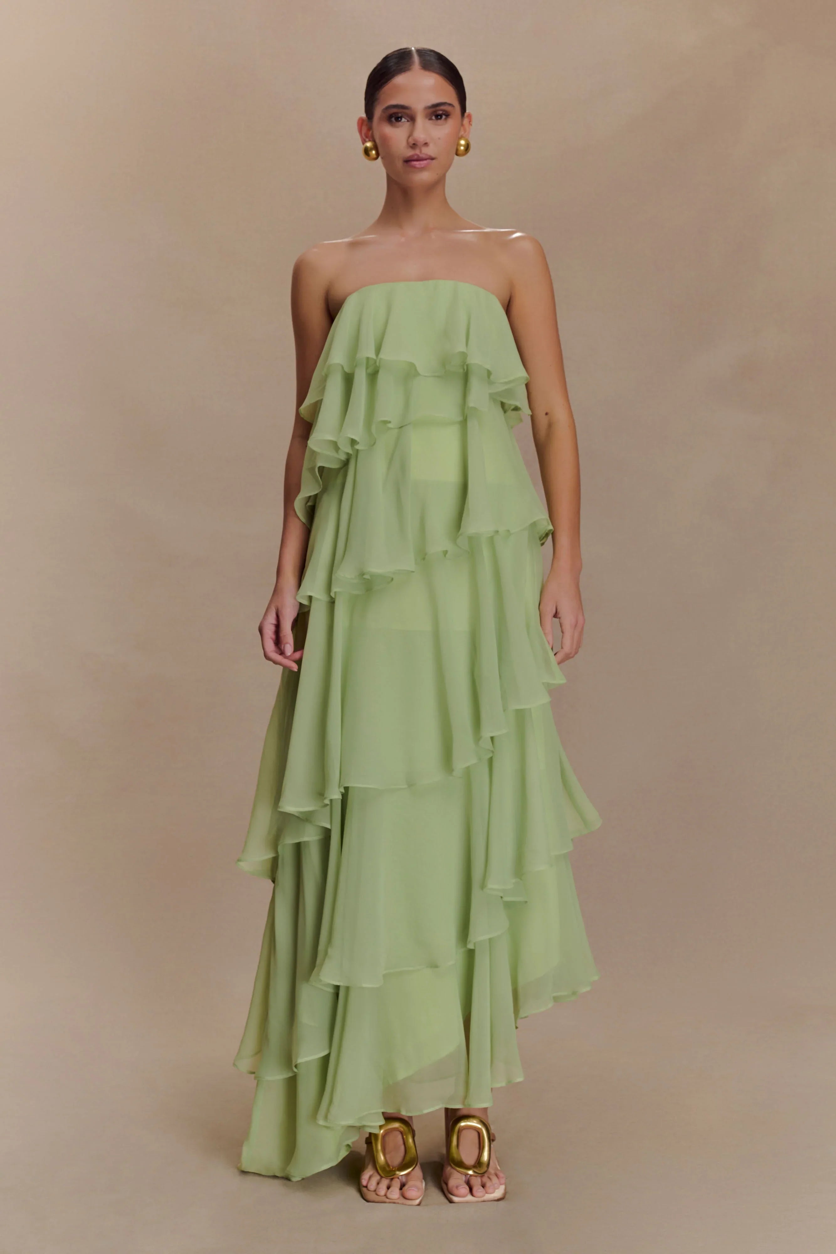 Alexa Ruffle Chiffon Maxi Dress Pastel Lime