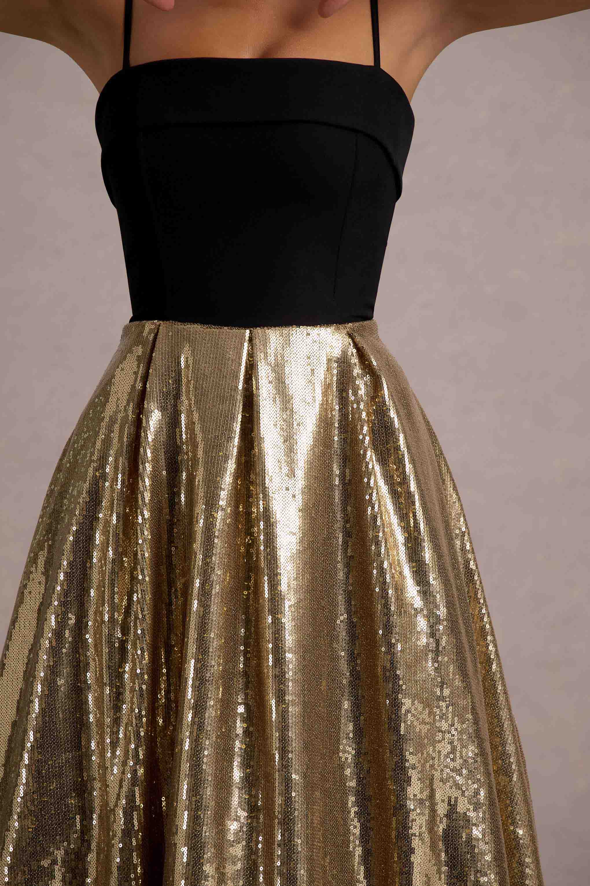Nicci Black Gold Strappy Midi Dress With Sequin Skirt