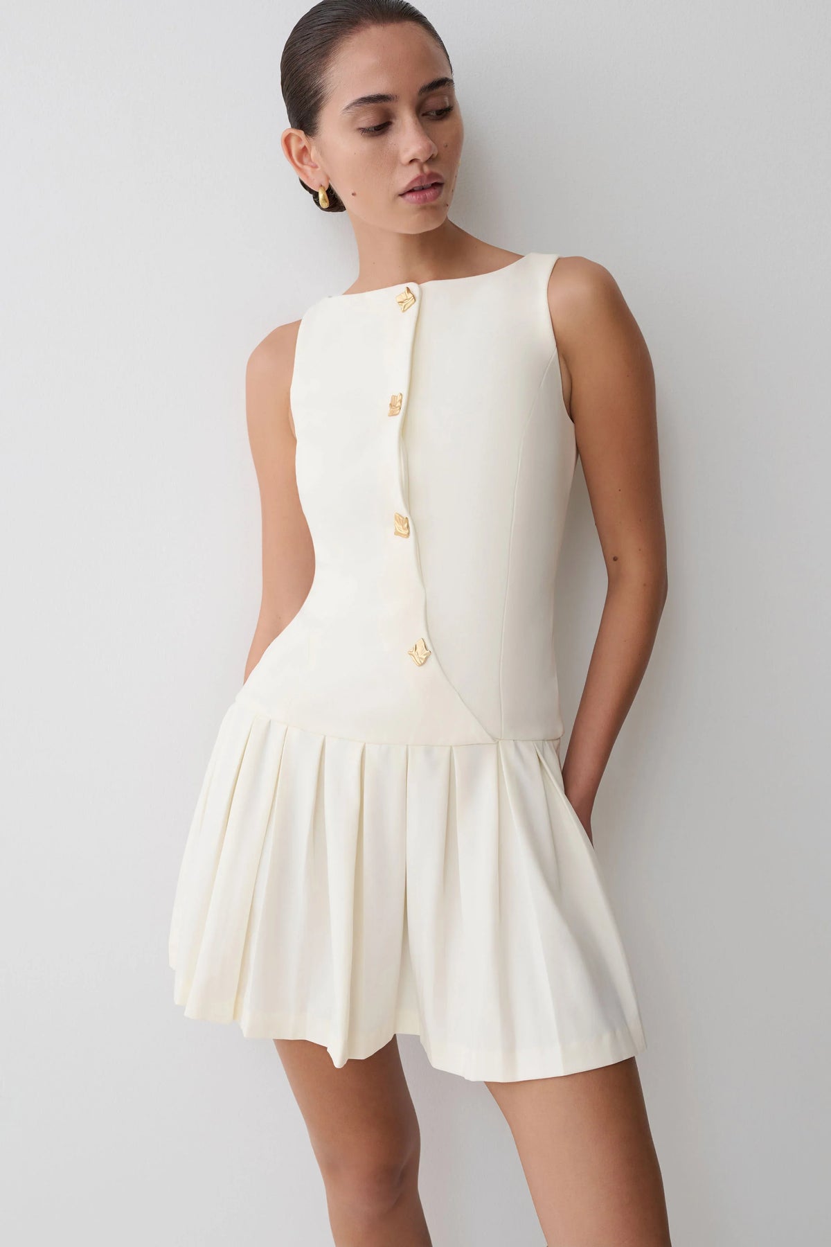 Mackenzie Sleeveless Pleated Mini Dress Ivory