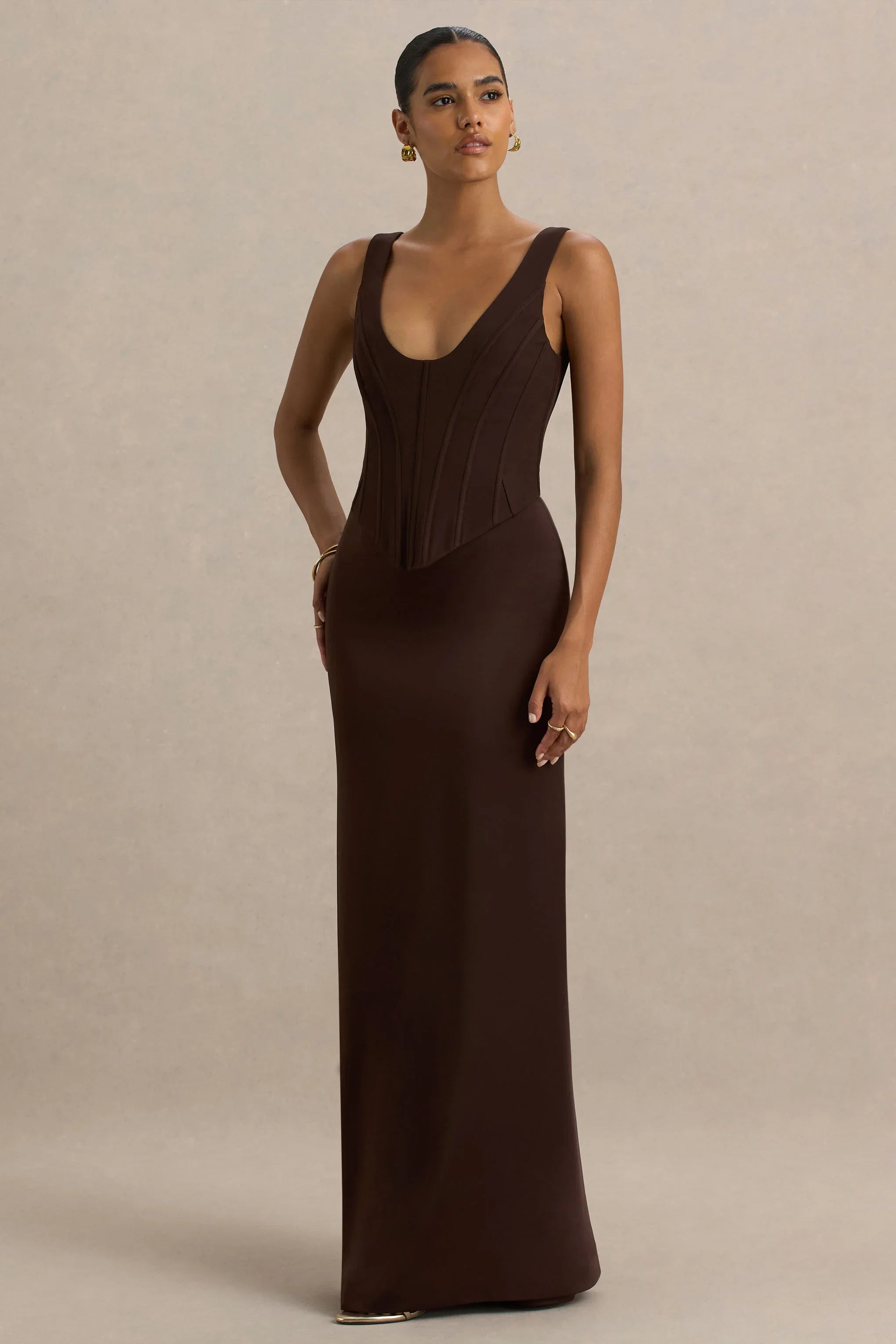 Morgan Brown Satin Corset Maxi Dress