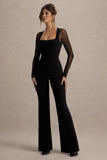 On Track Black Flared Leg Jumpsuit With Sheer Sleeves
