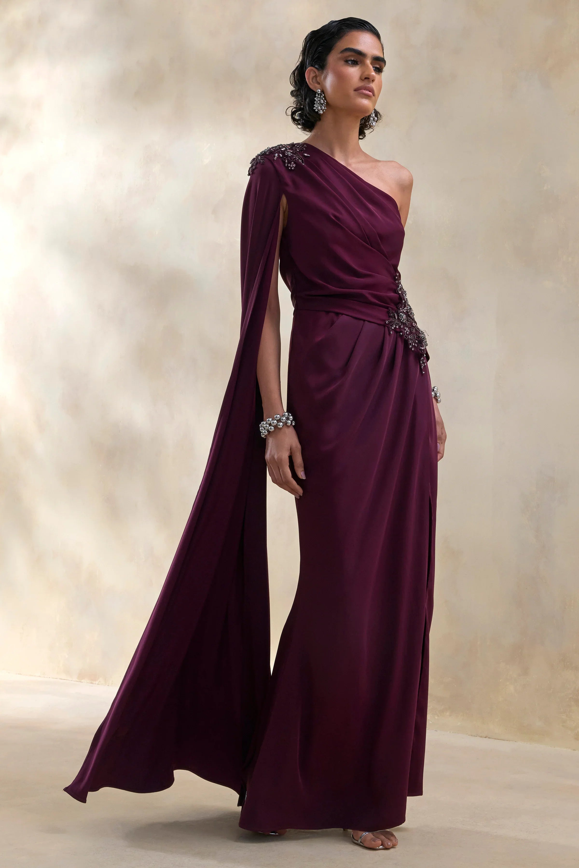 Solace Dark Plum Asymmetric Neck Maxi Dress With Front High Split