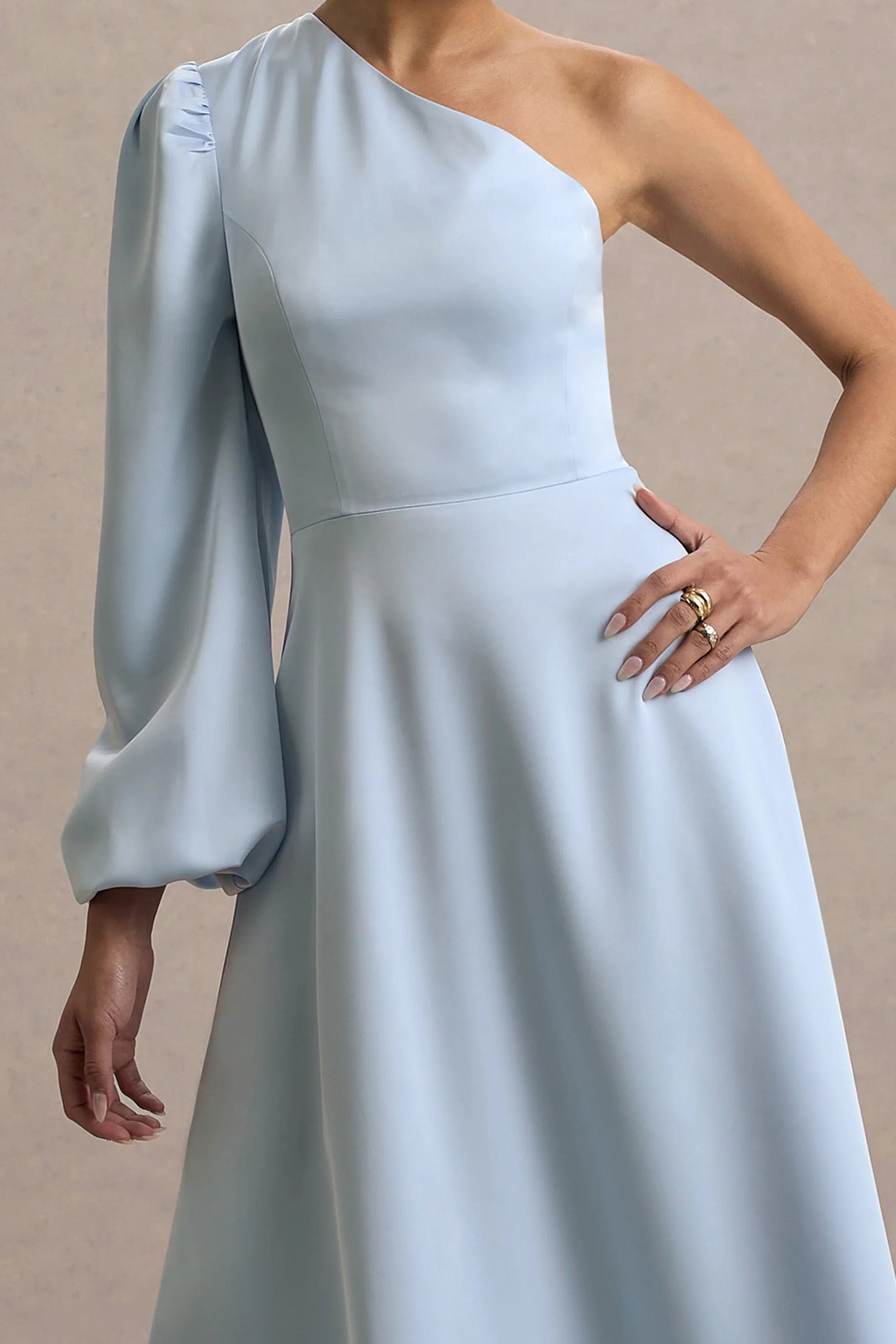 Haila Powder Blue Satin One Shoulder Midi Dress