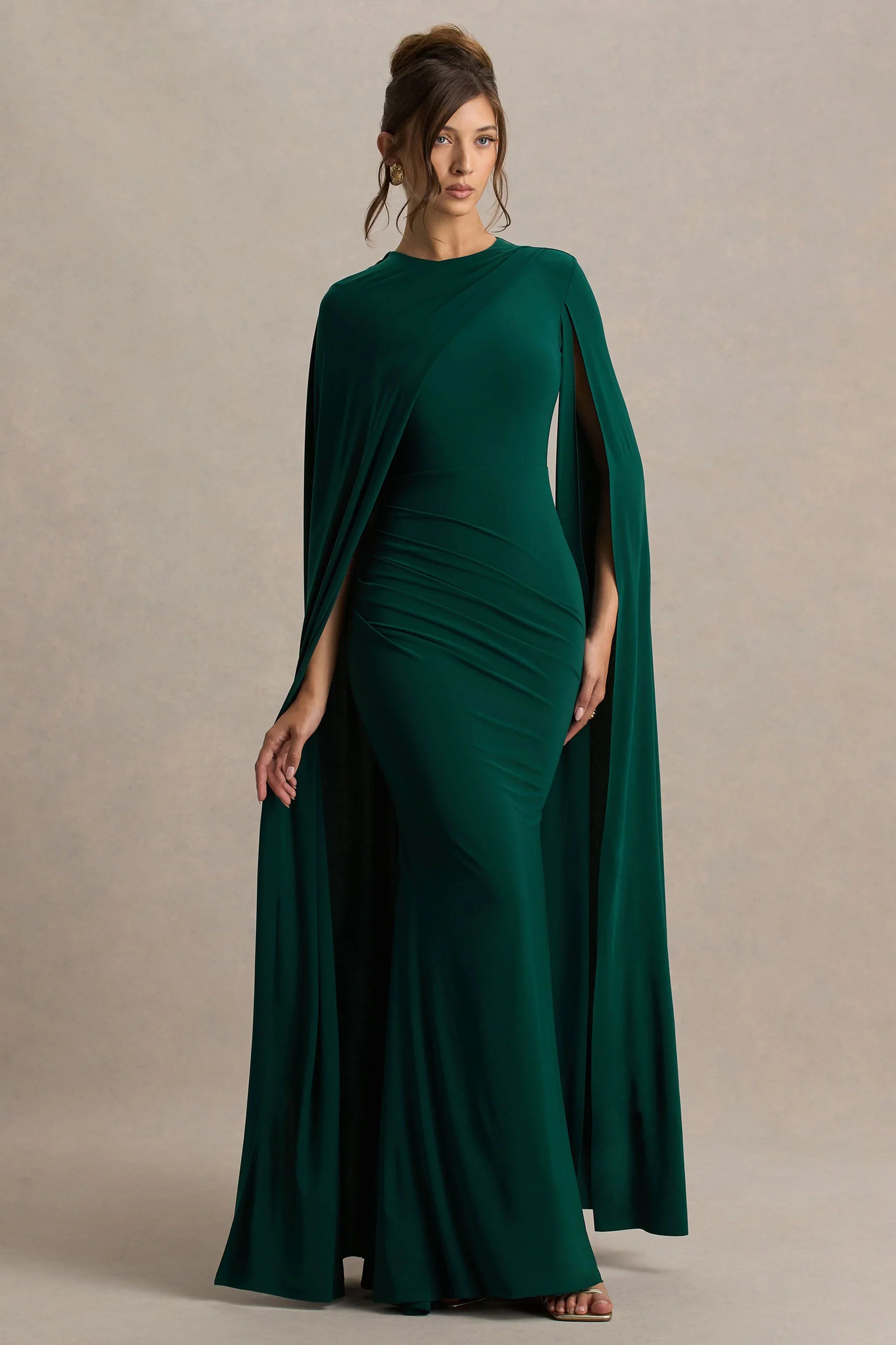 Magdelena Bottle Green Asymmetric Cape Maxi Dress