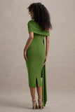 Vallea Green One Shoulder Draped Midi Dress