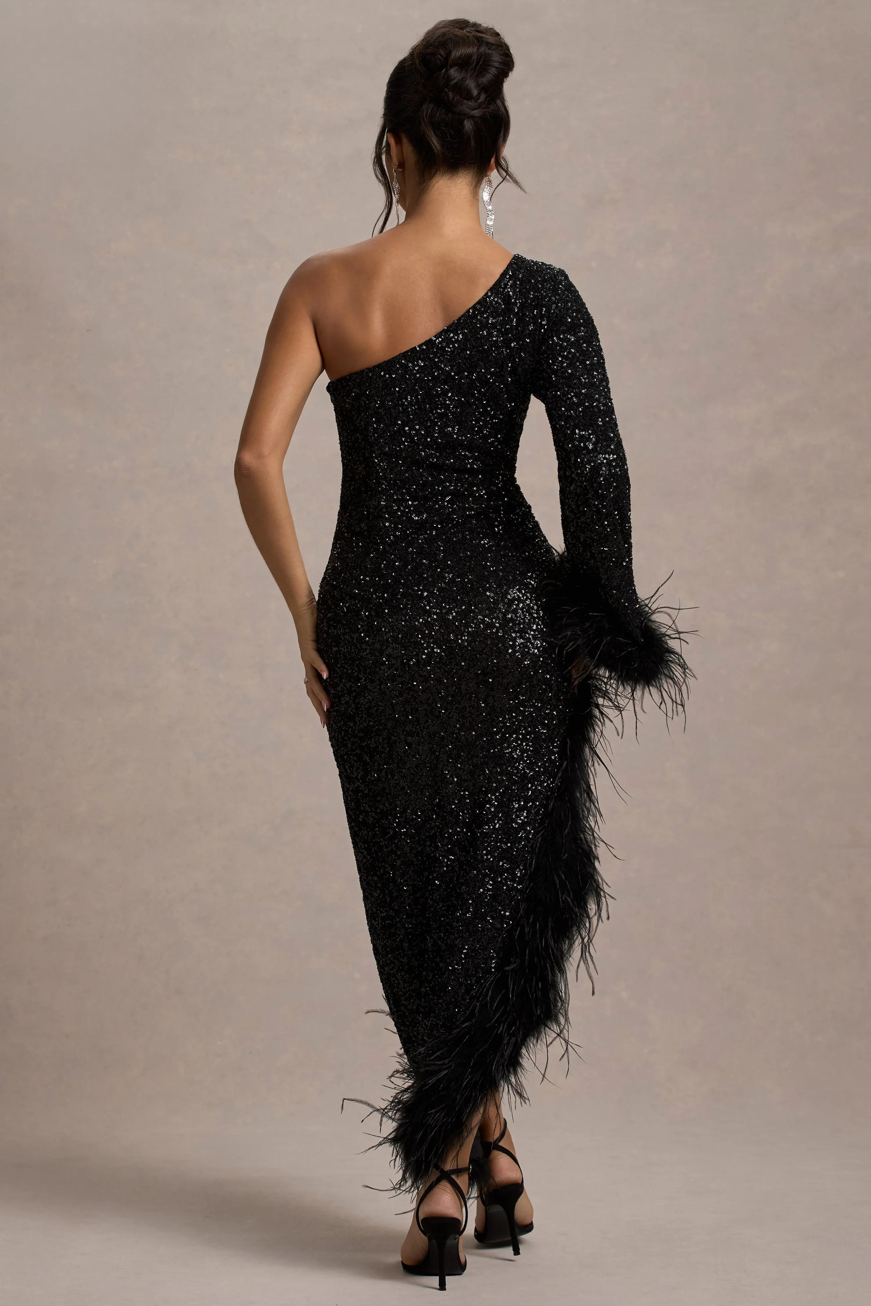 Shadow Black Sequin One Shoulder Feather Trim Maxi Dress