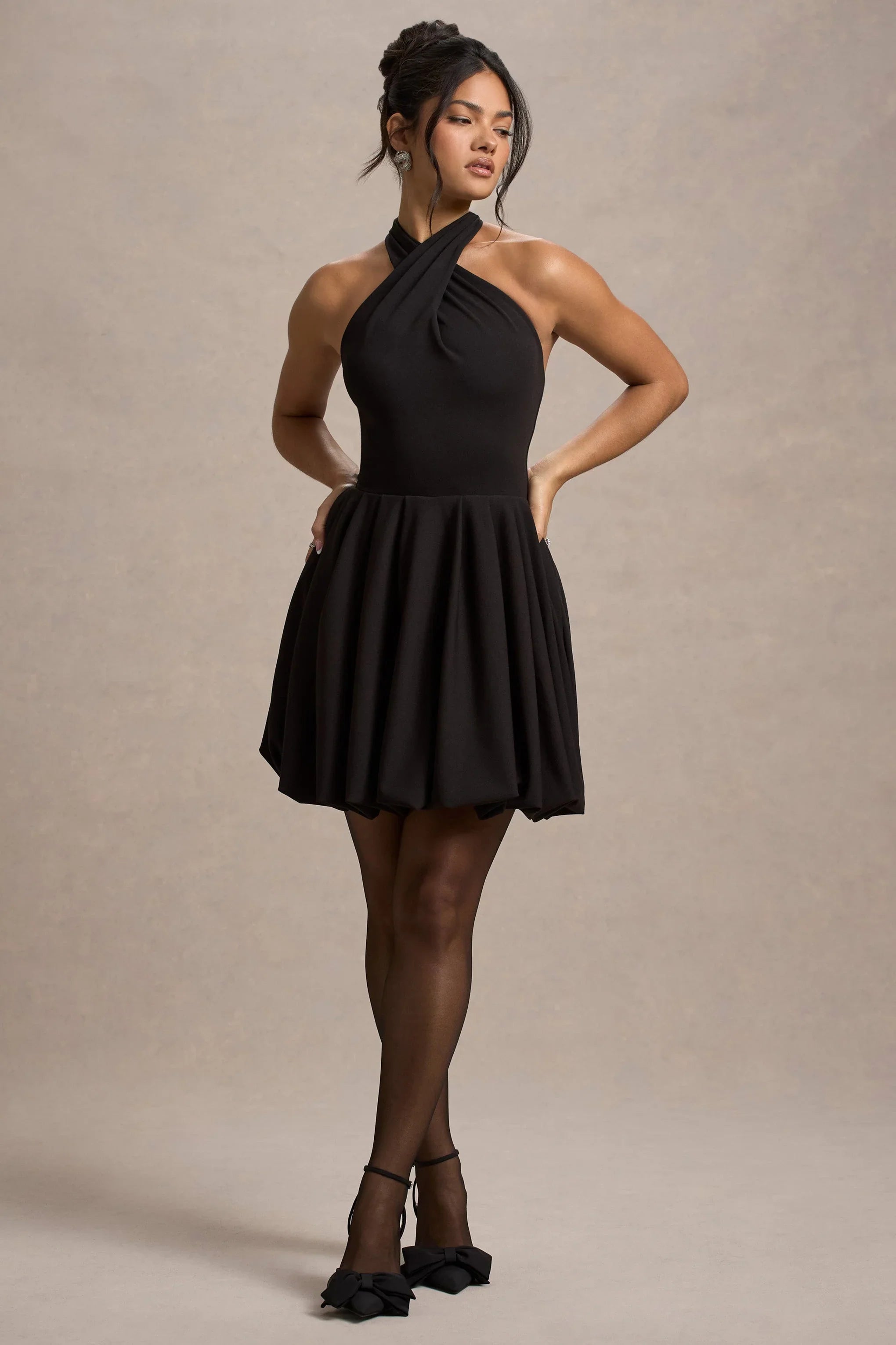 Klytie Black Halter Neck Mini Dress With Puff Ball Skirt