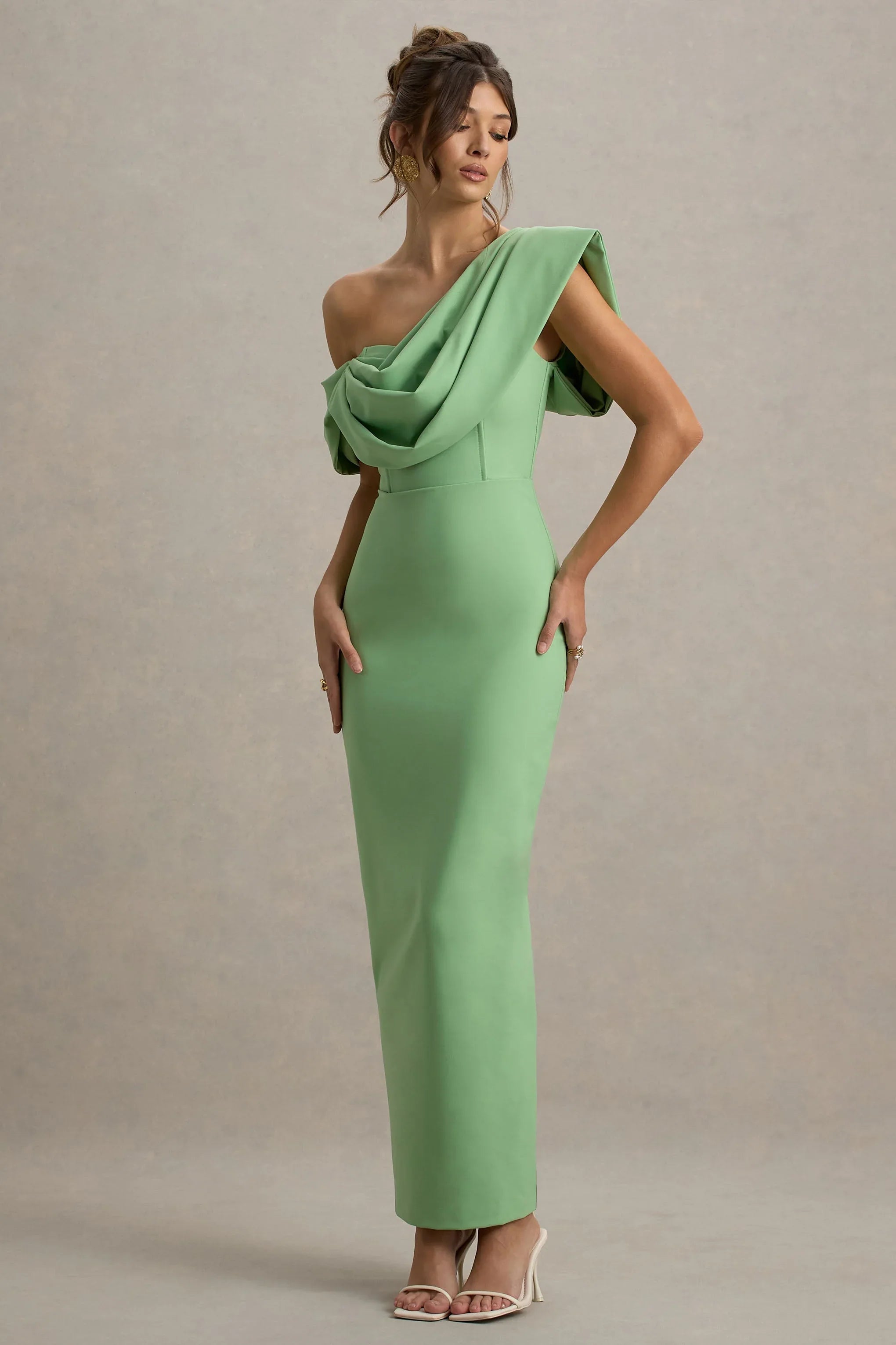 Angelina Green Draped Shoulder Maxi Dress