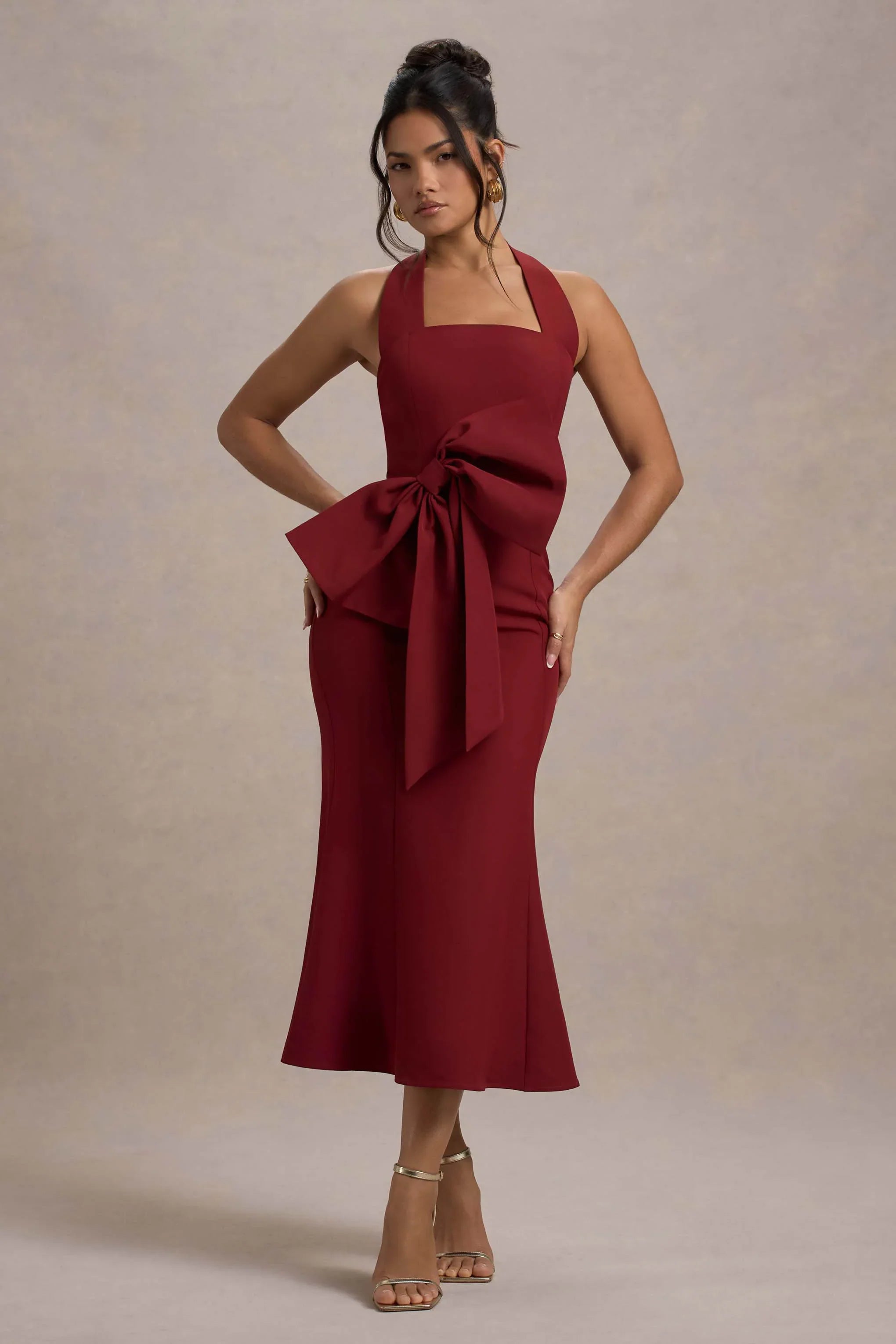Aman Berry Halter Neck Midi Dress With Oversized Bow