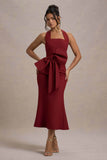 Aman Berry Halter Neck Midi Dress With Oversized Bow