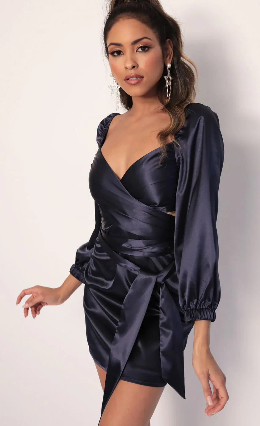 Puff Sleeve Wrap Dress in Navy