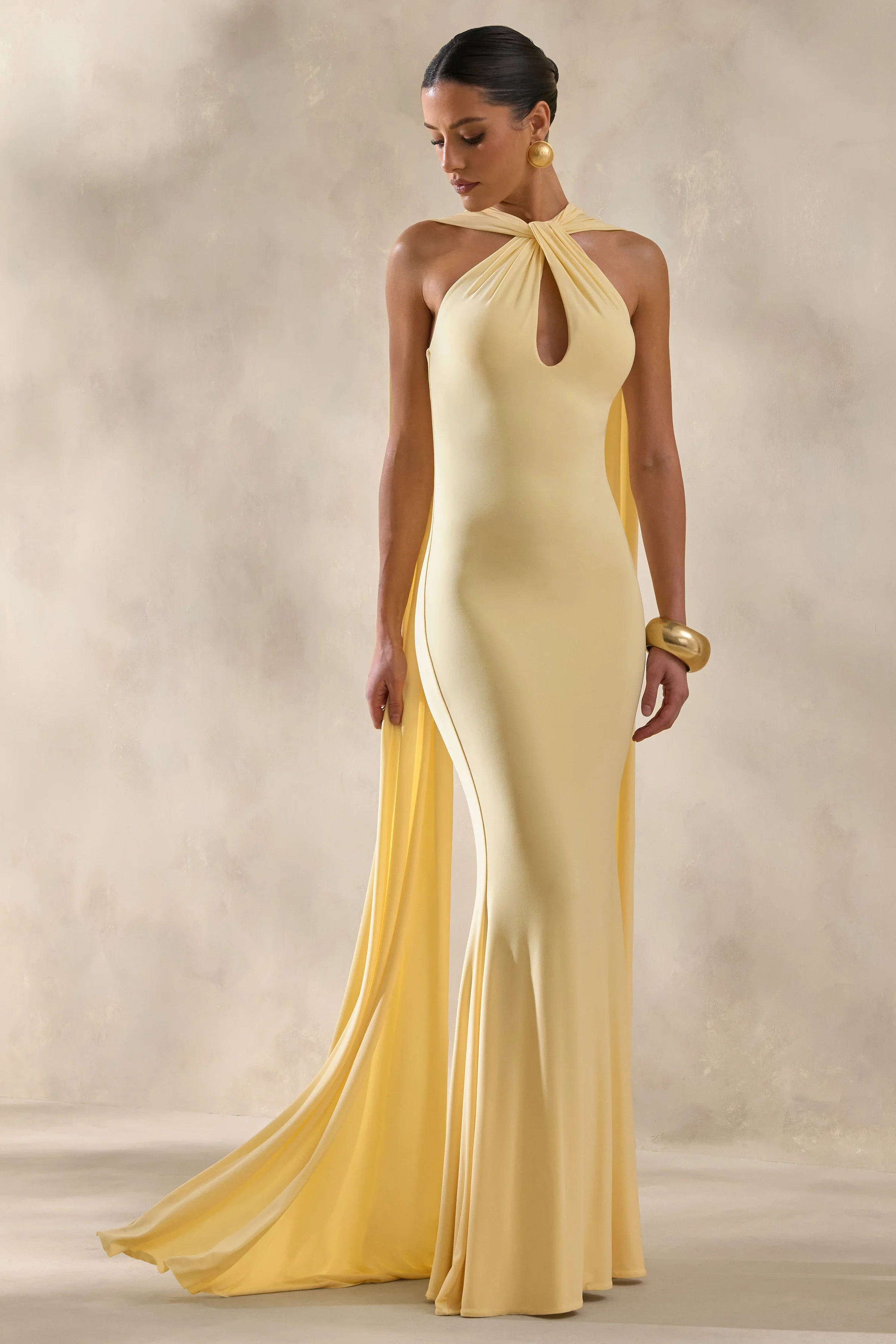 Rhoda Lemon Twist Halter Neck Cape Maxi Dress