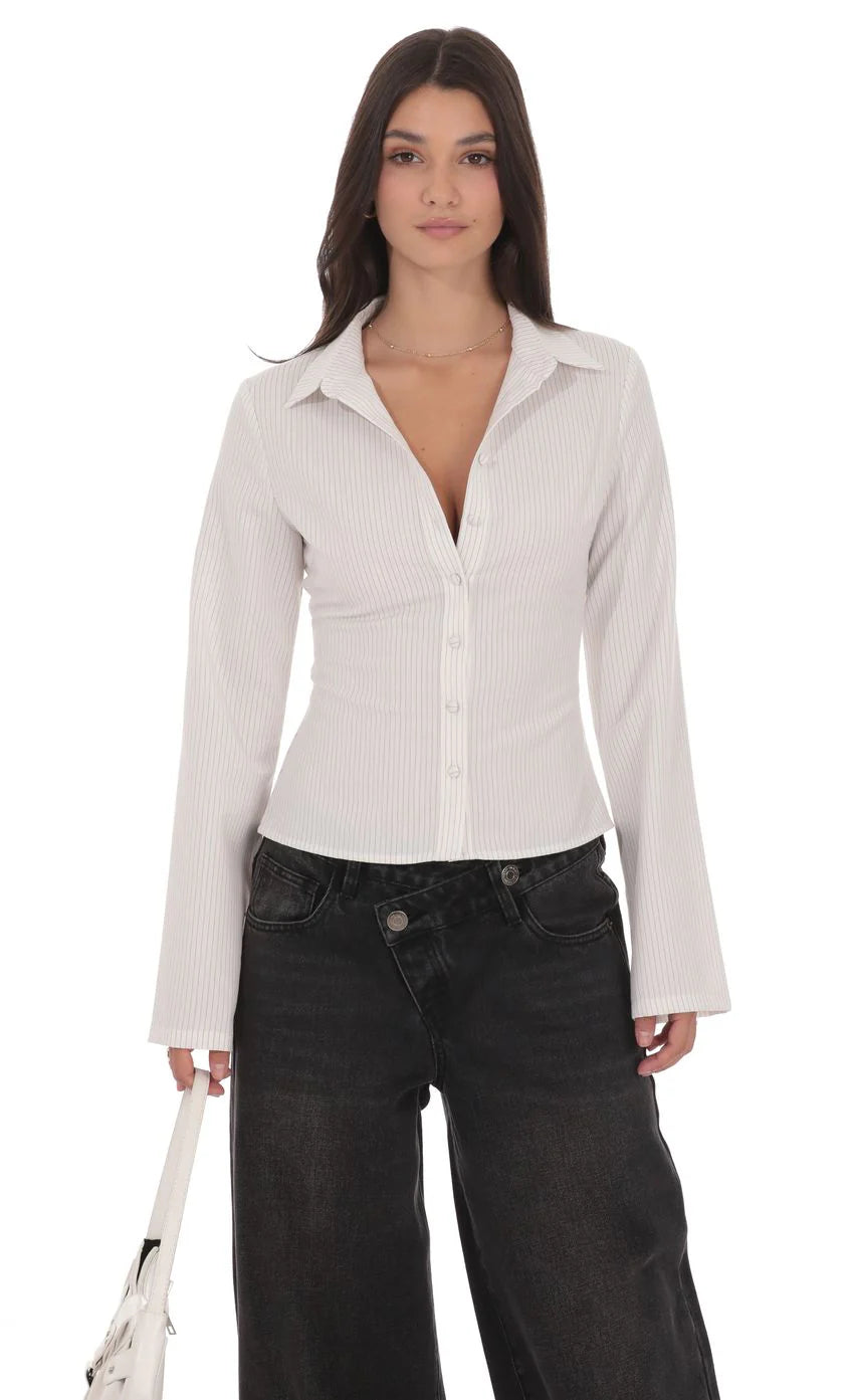 Pinstripe Button Up Shirt in White