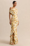 Siora Lemon Rose Print Asymmetric Neck Maxi Dress With Draped Detailing