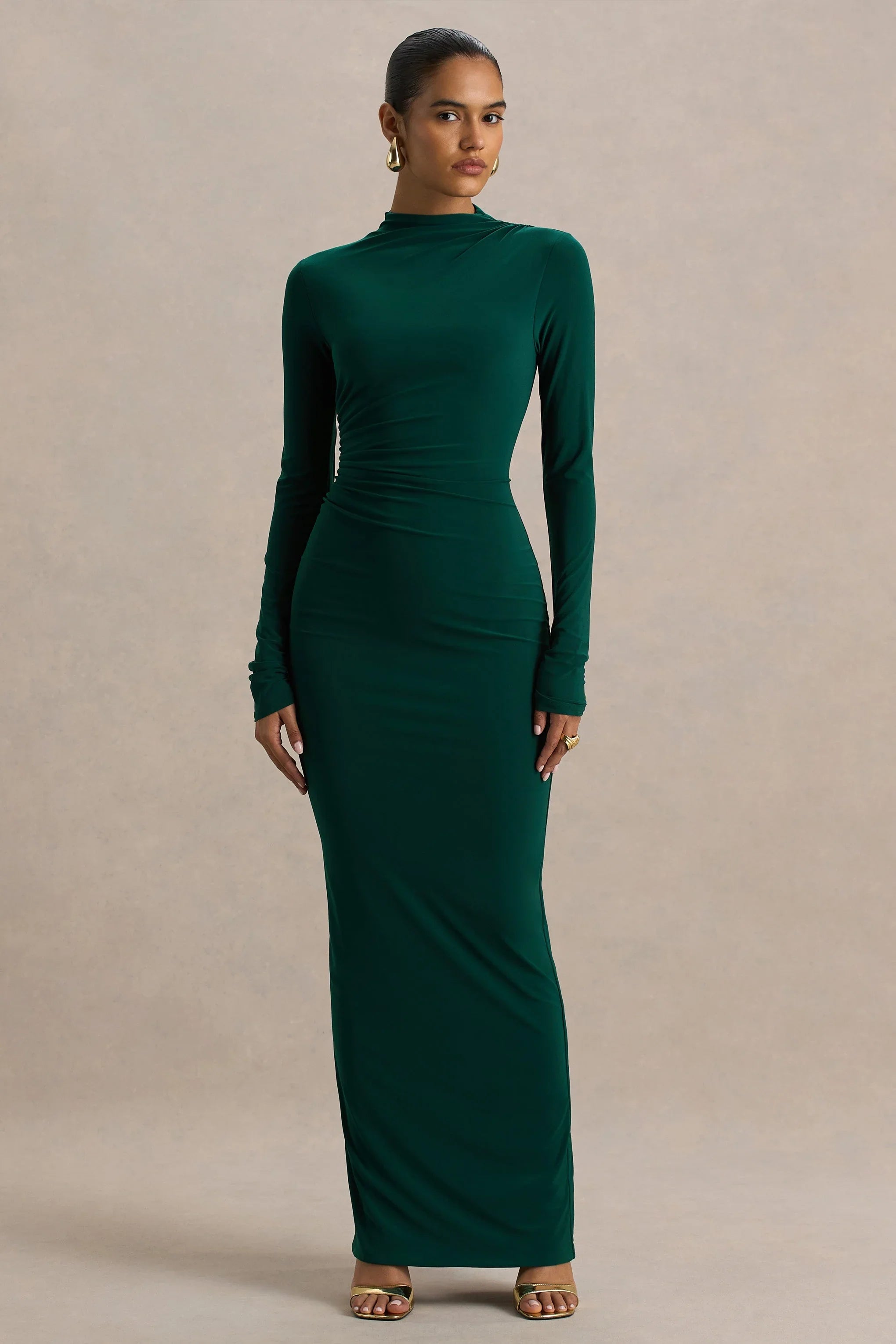 Eden Bottle Green High Neck Maxi Dress With Ruched Detailing
