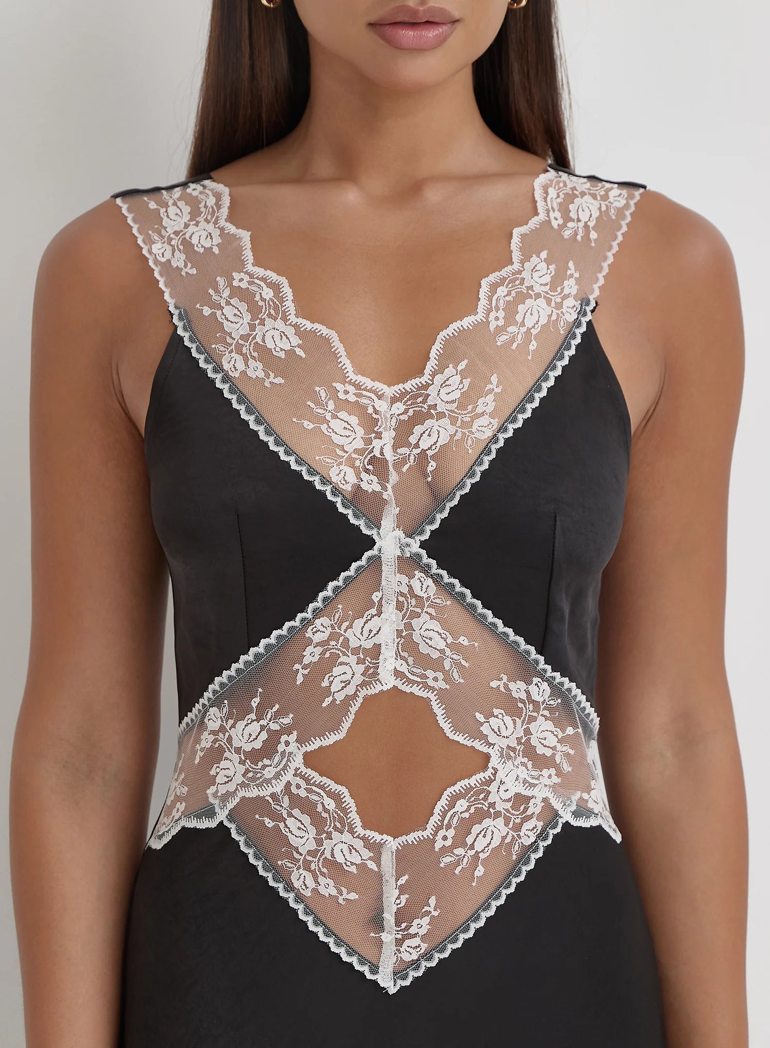 Black Satin Lace Slip Dress