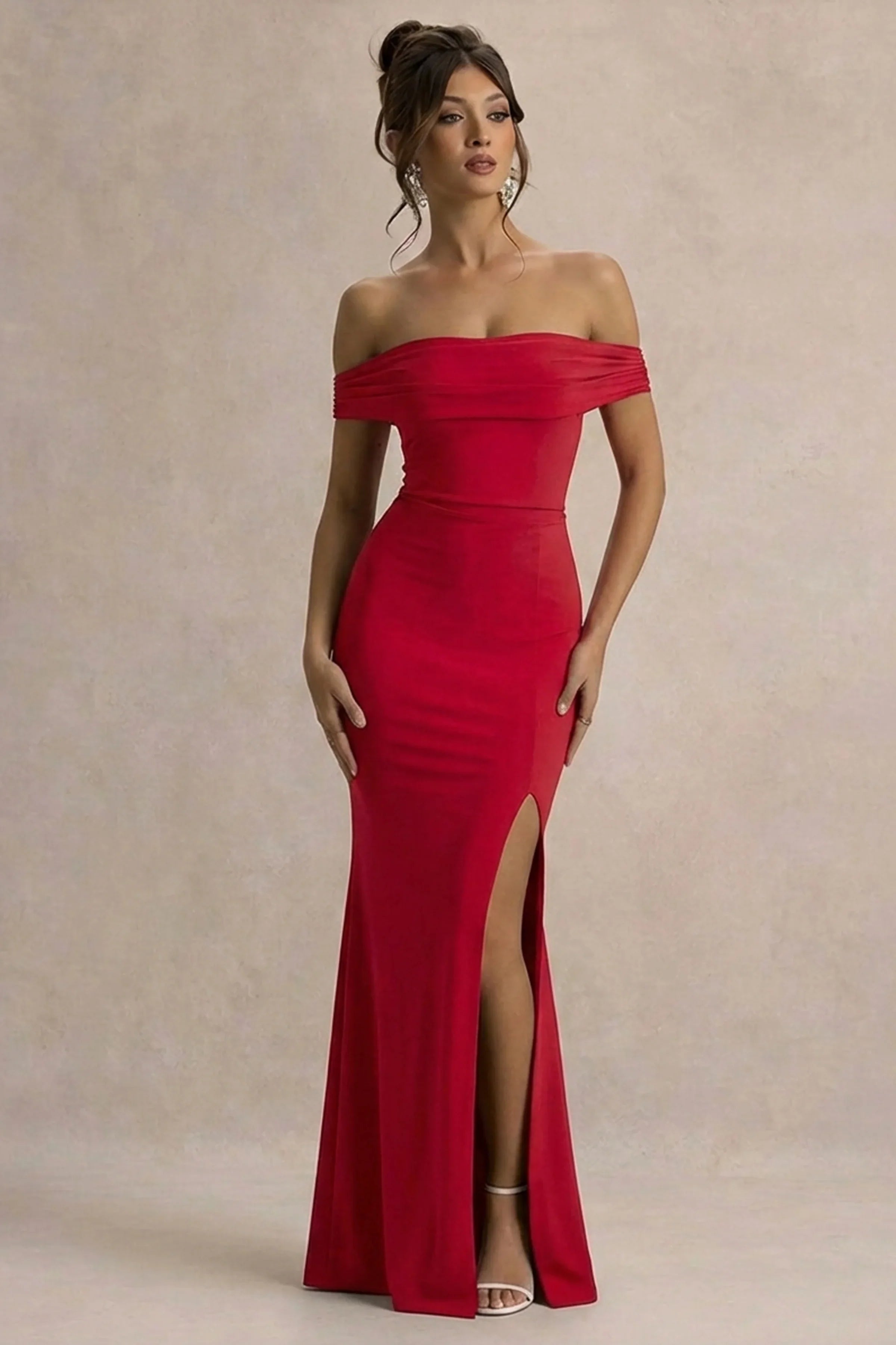 Law of Attraction Red Bardot Draped Split Maxi Dress