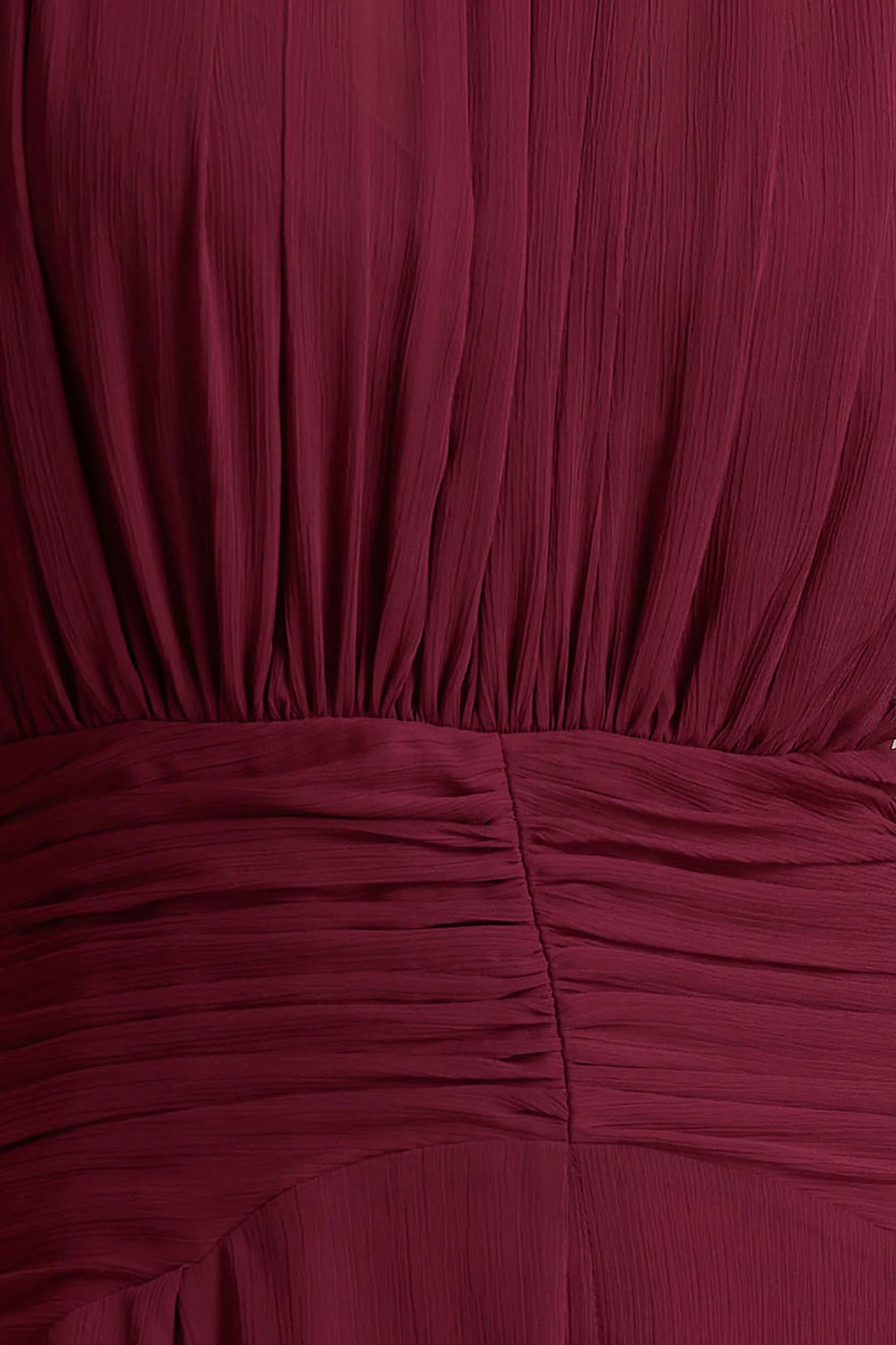Melanina Burgundy High Neck Maxi Dress With Ruched Detailing