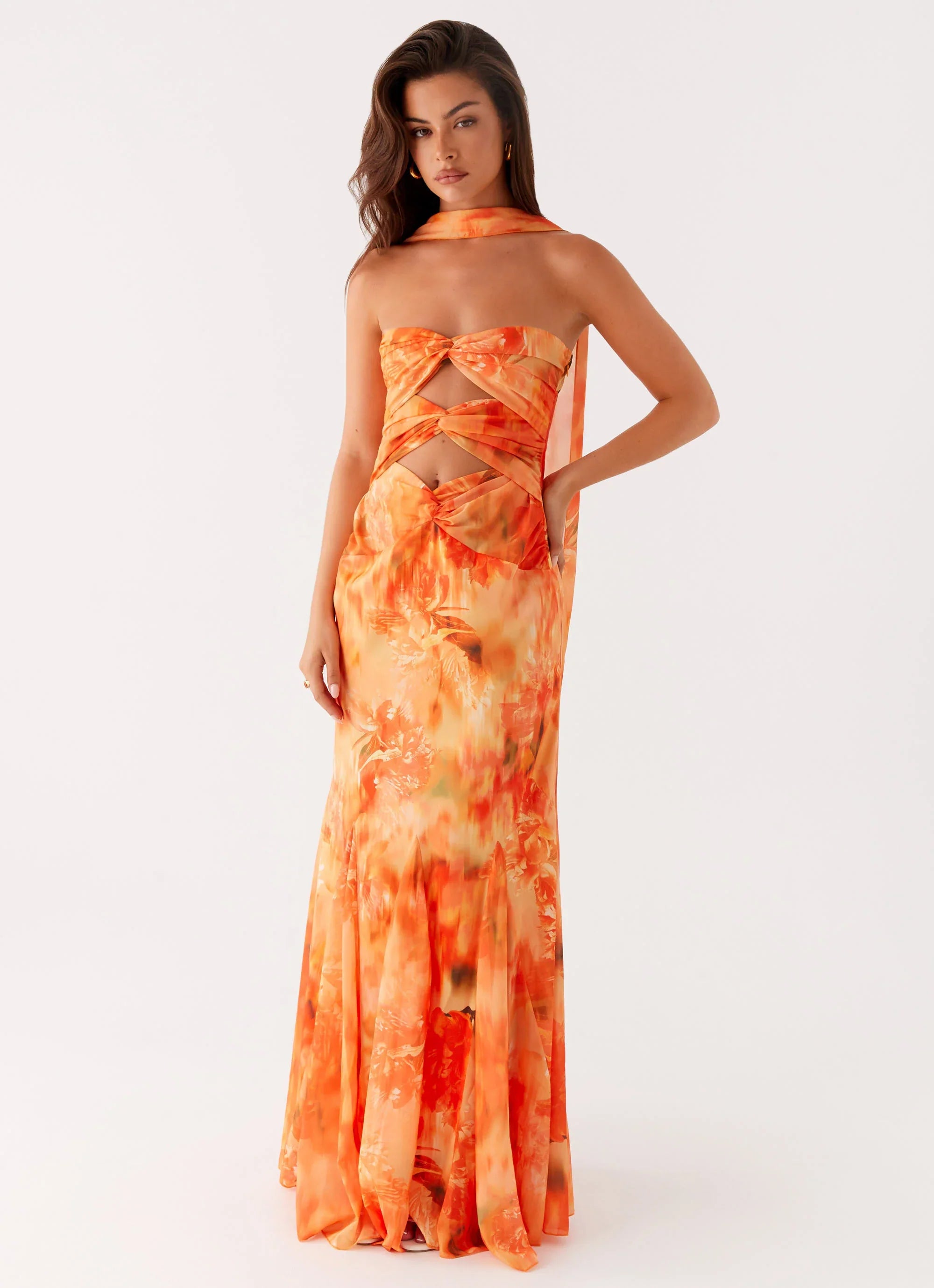 Melrose Satin Chiffon Maxi Dress Sunset Floral