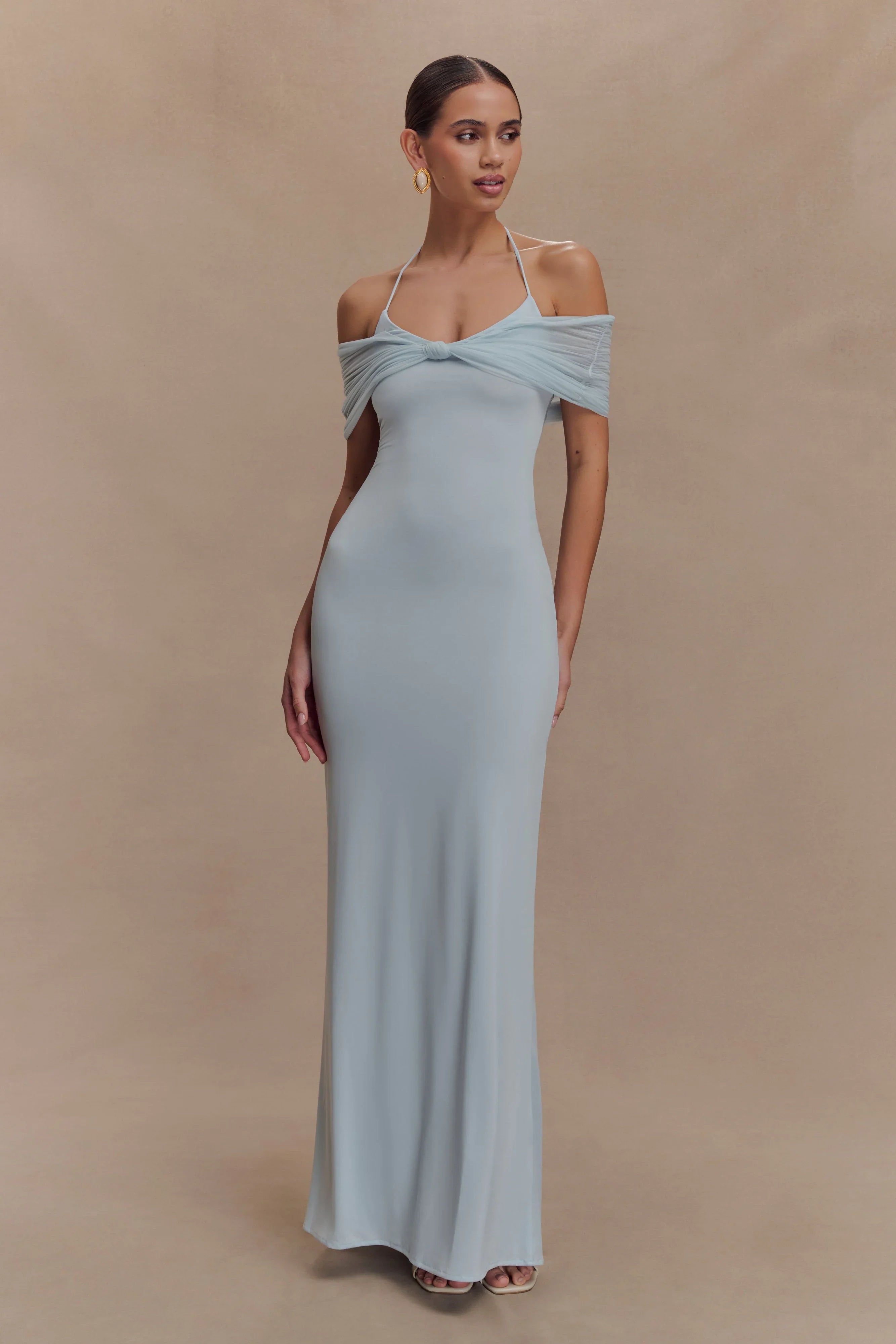 Bernadina Mesh And Slinky Halter Maxi Dress Pale Blue