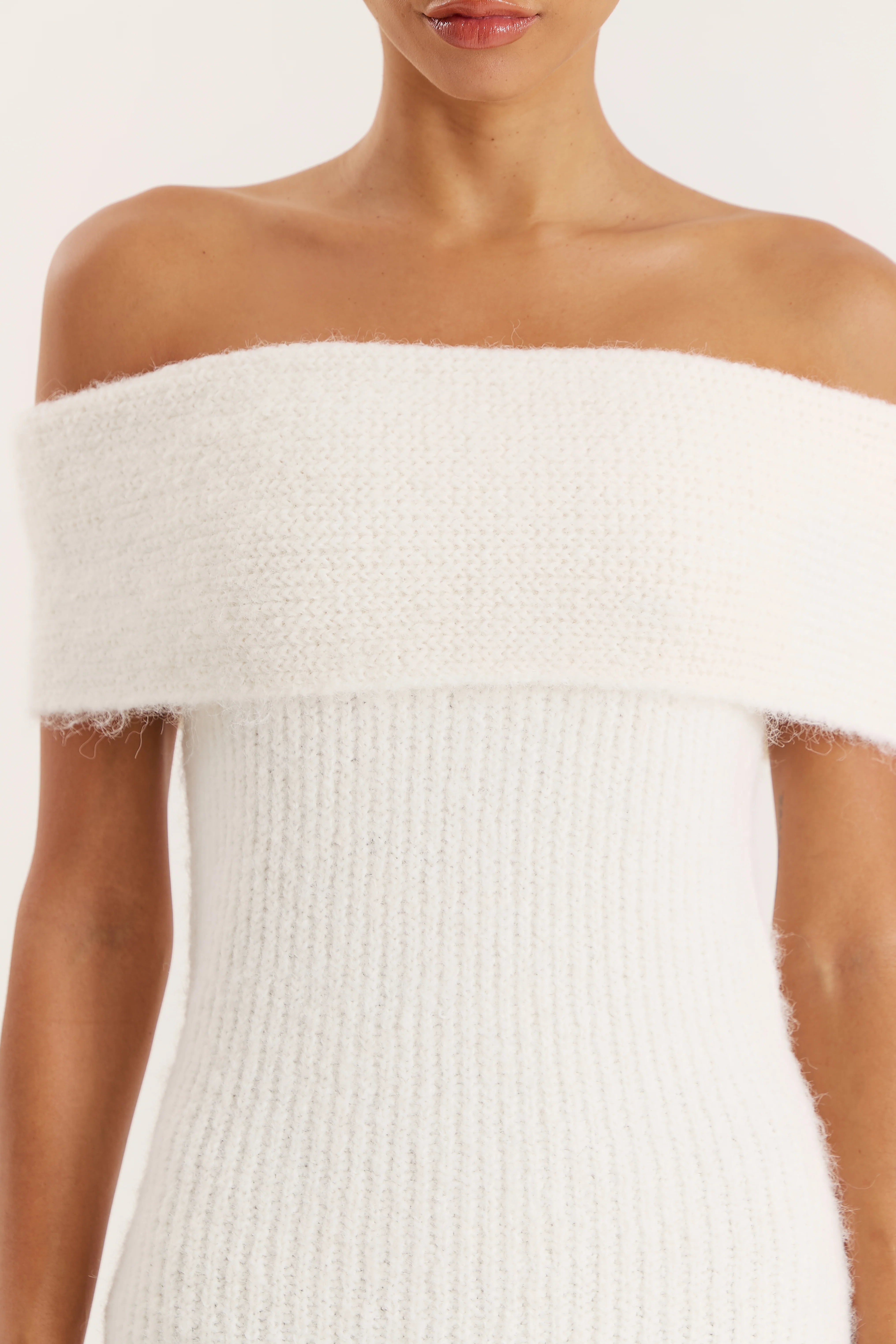 Cream Bardot Knitted Maxi Dress