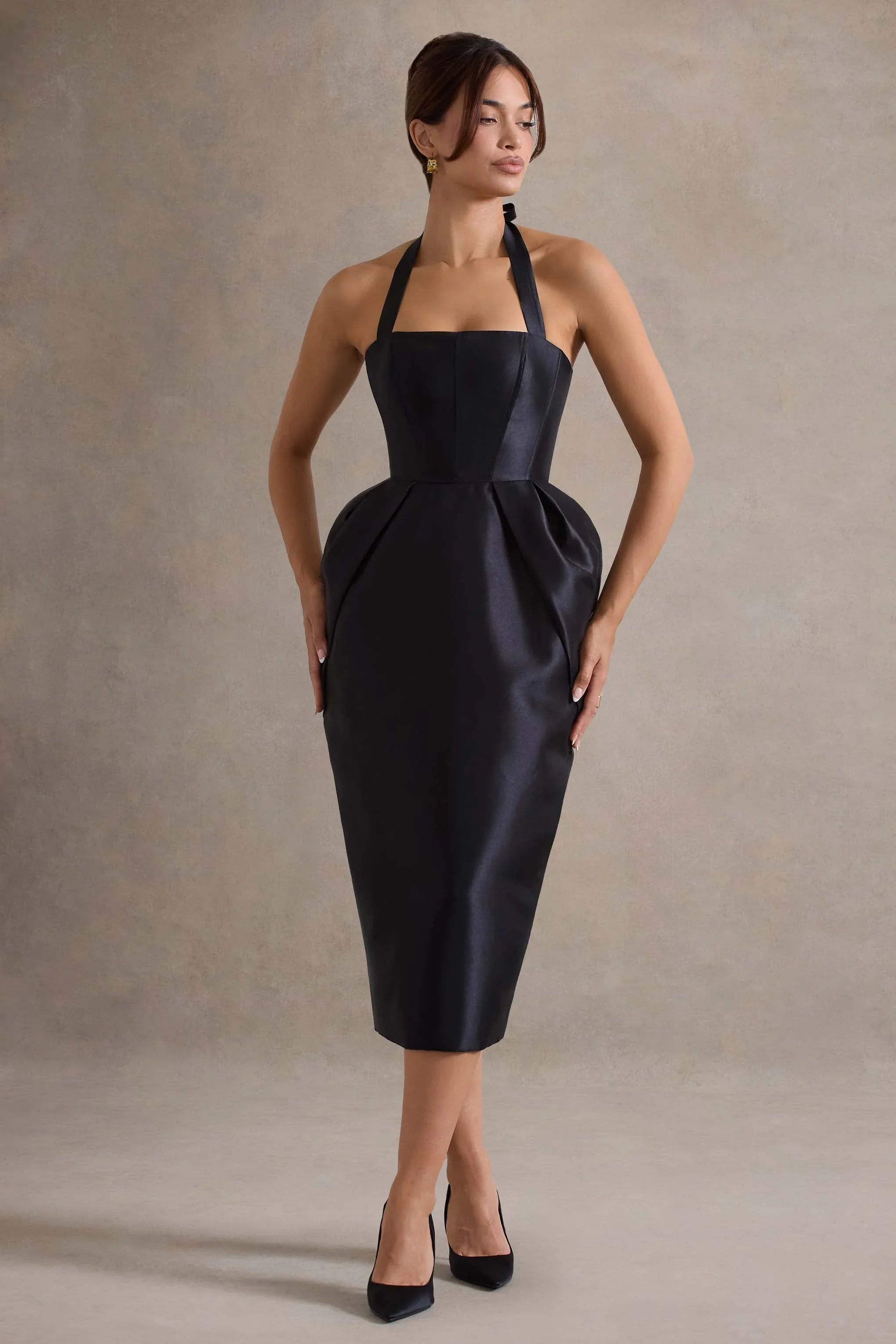 Cosetta Black Halter Neck Midi Dress With Tulip Skirt