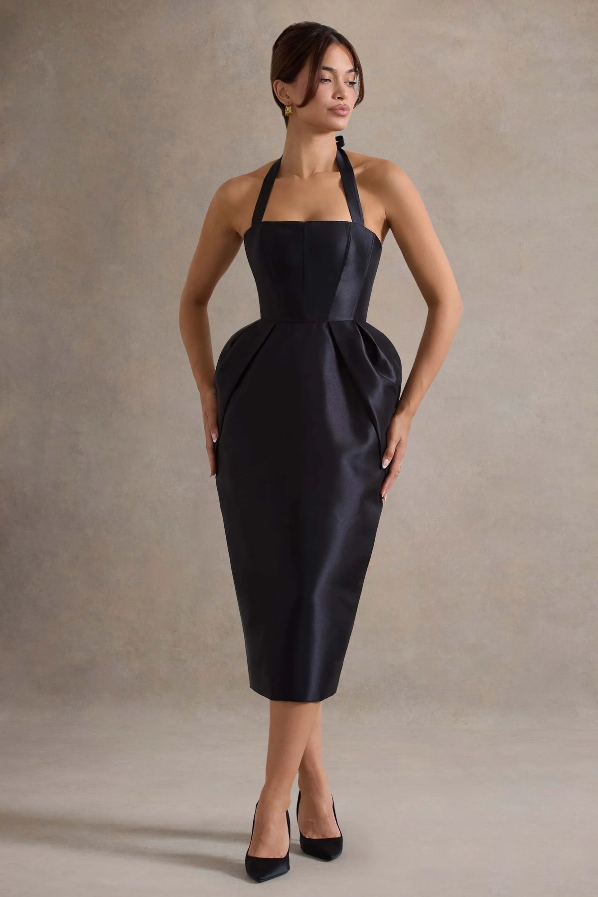 Cosetta Black Halter Neck Midi Dress With Tulip Skirt