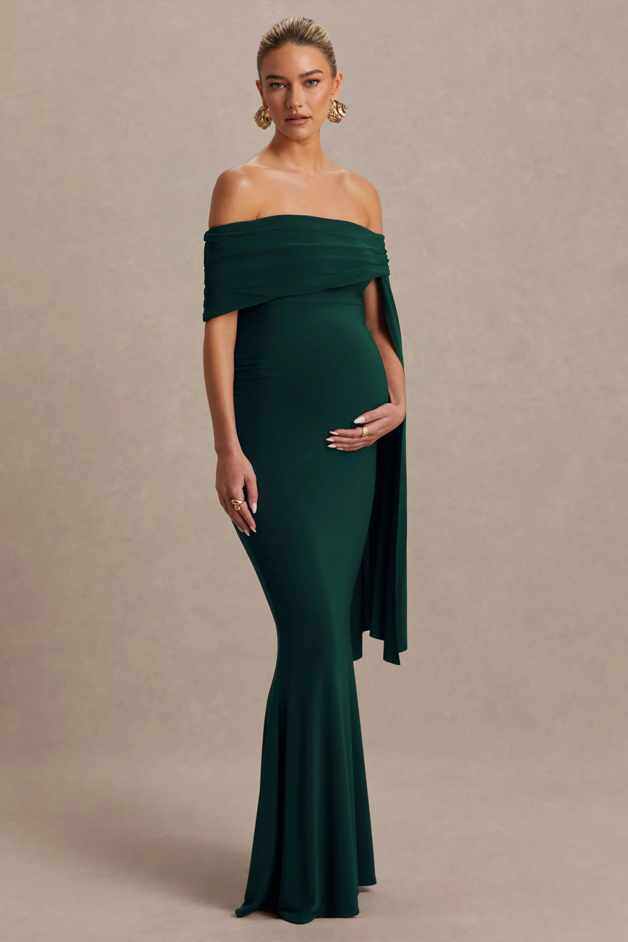 Aquila Bottle Green Bardot Maternity Maxi Dress With Draped Detail