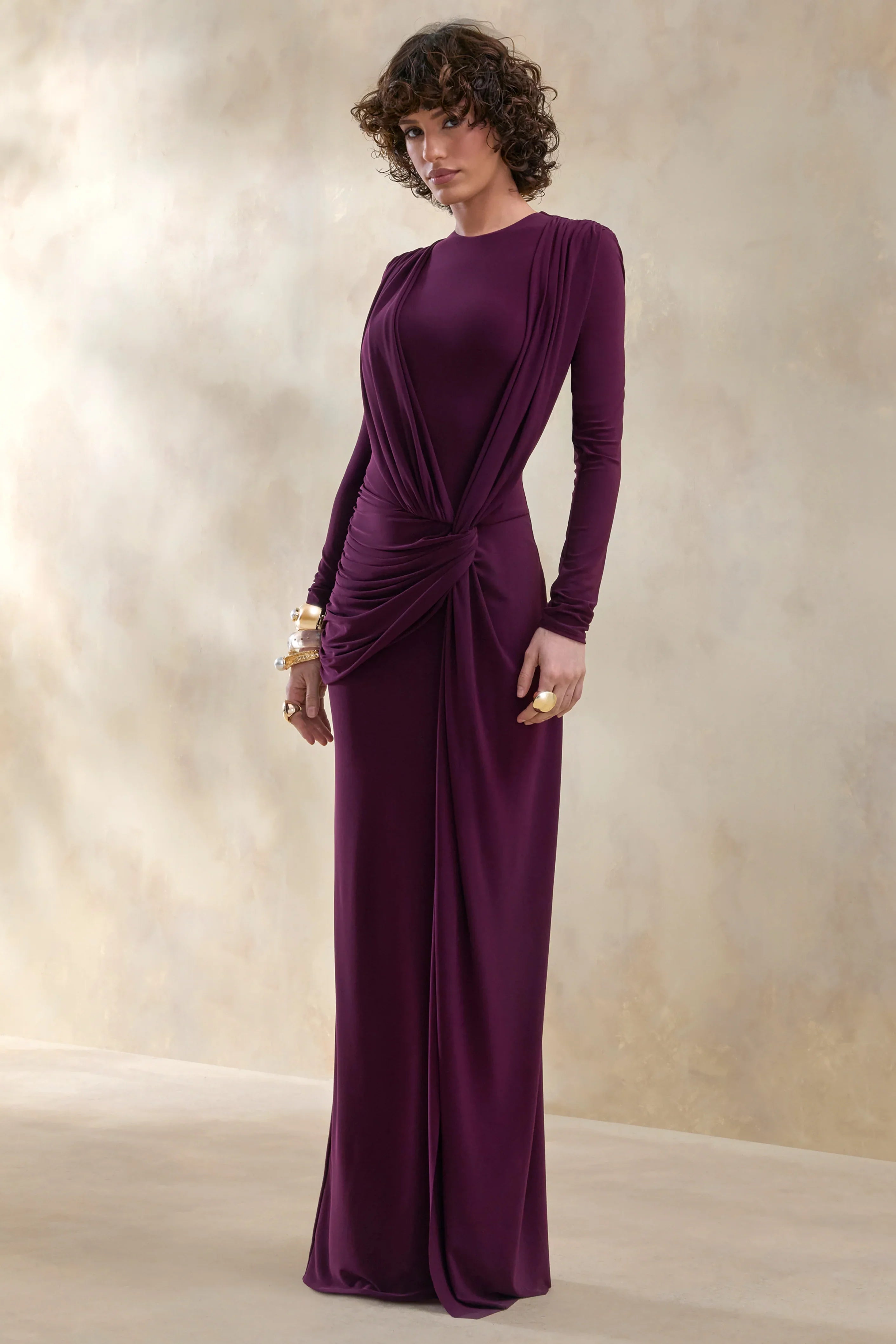 Desirelle Plum Crew Neck Maxi Dress With Gathered Detailing