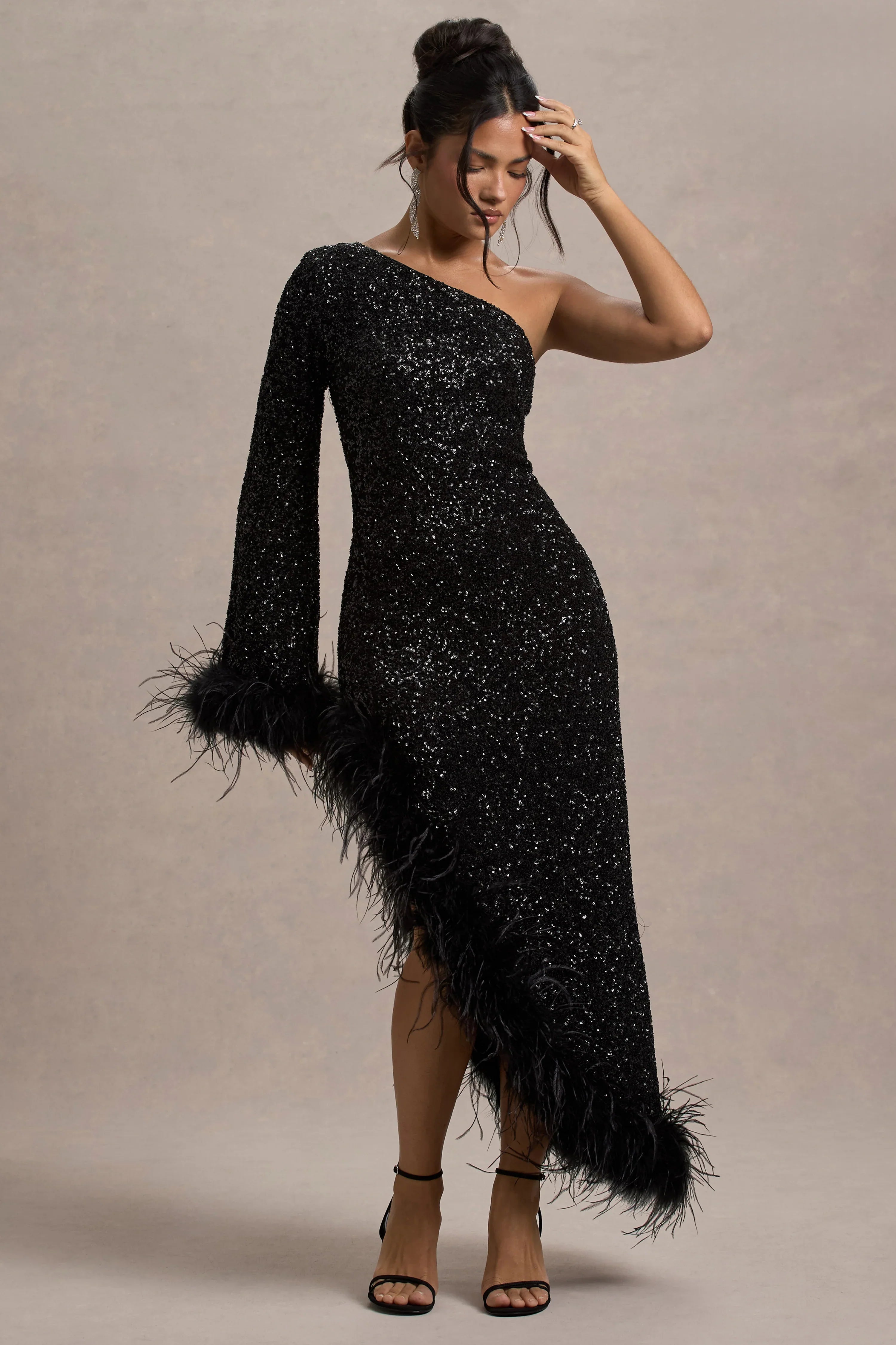 Shadow Black Sequin One Shoulder Feather Trim Maxi Dress