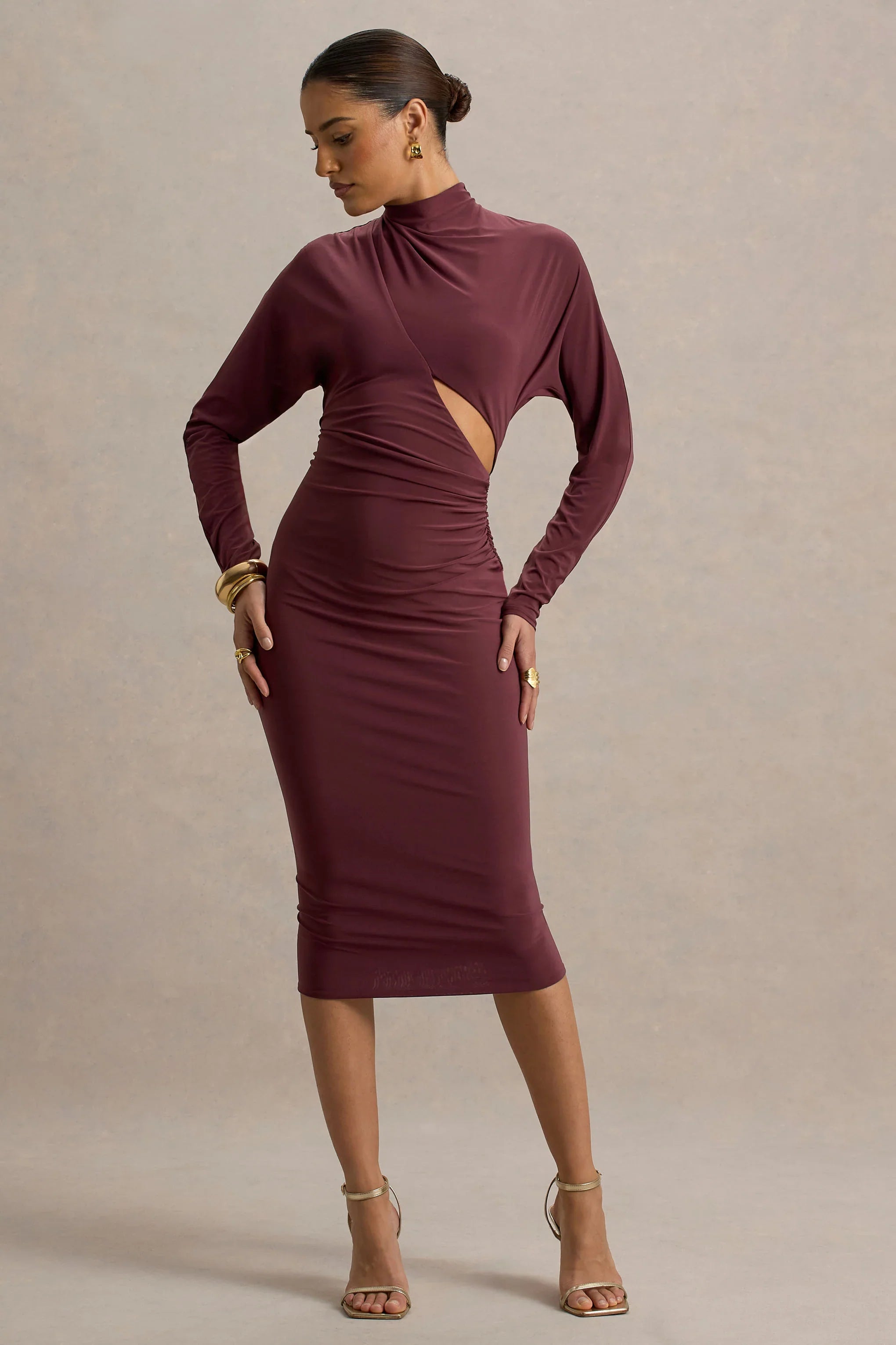 Pandora Burgundy Long Sleeve Midi Dress With Cut Out