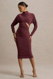 Pandora Burgundy Long Sleeve Midi Dress With Cut Out