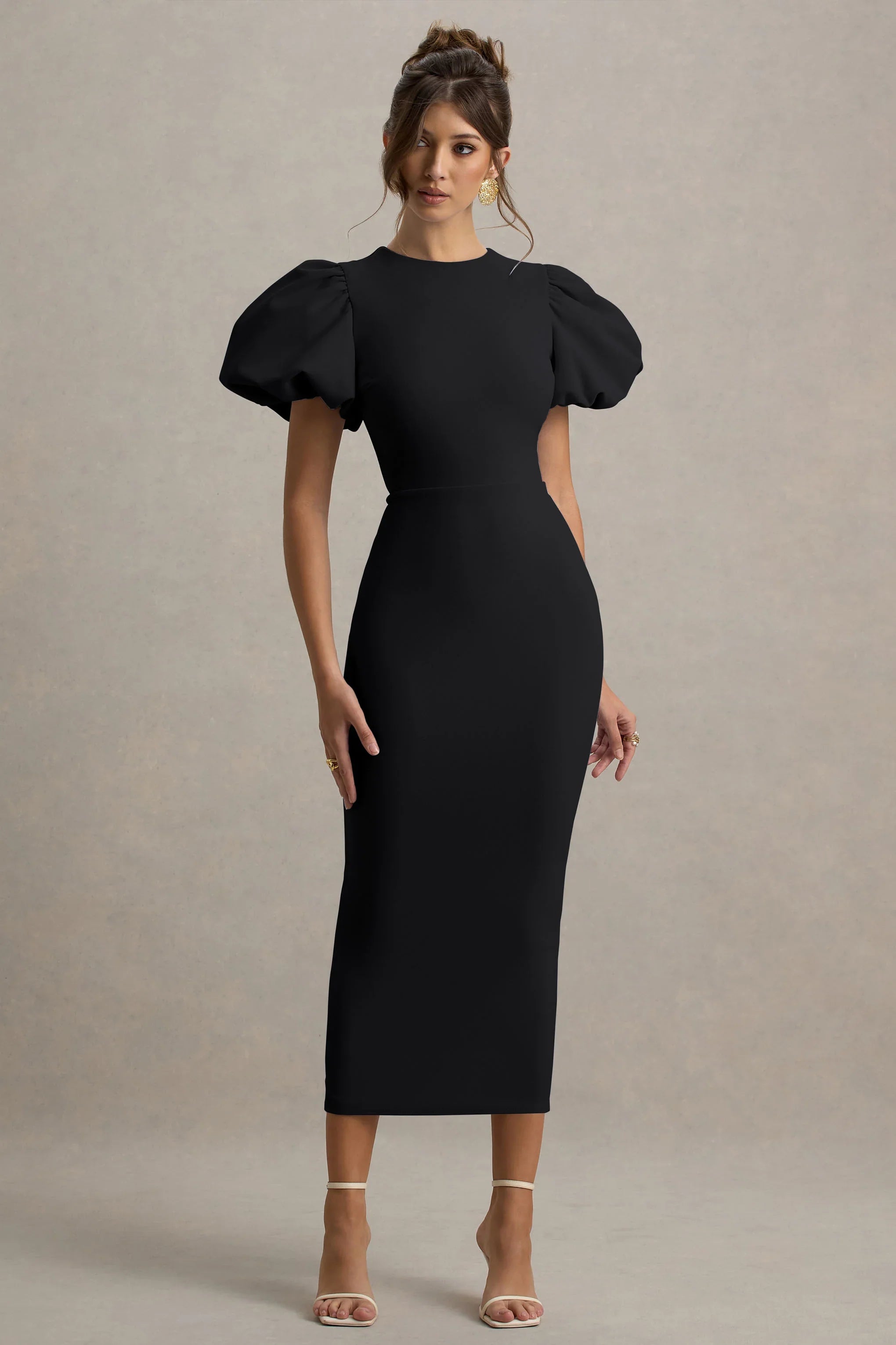 Dakota Black Puff Sleeve Midi Dress