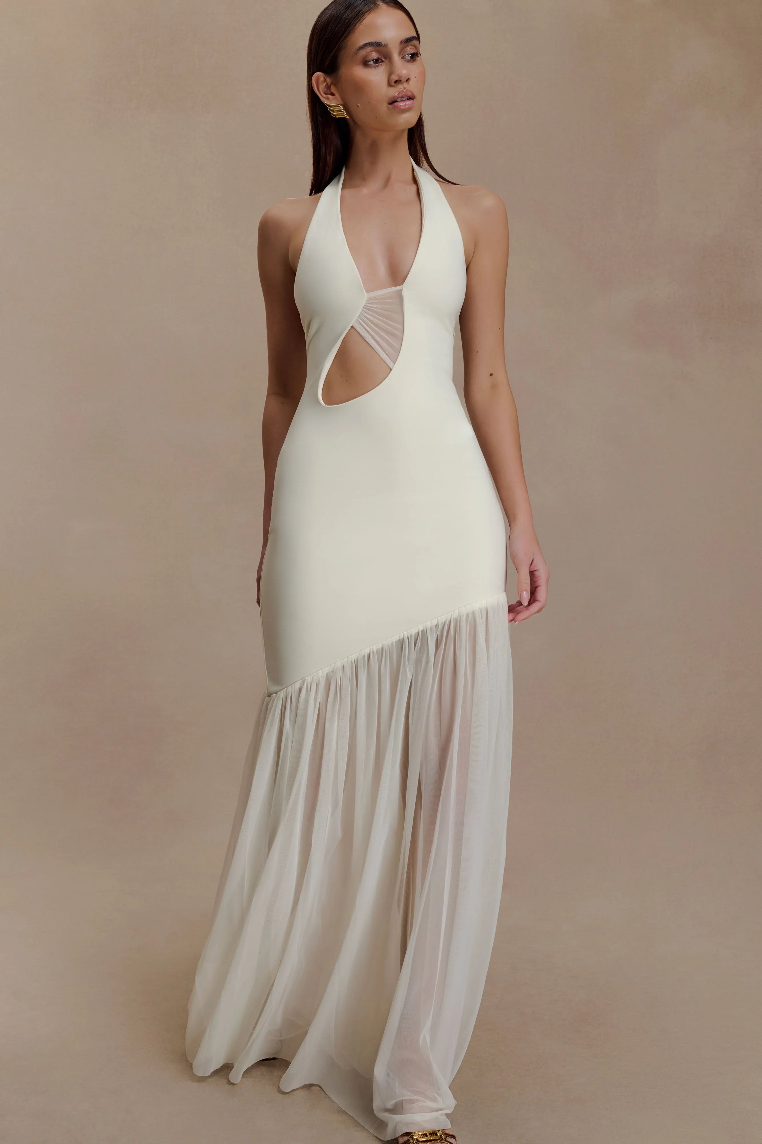 Aubree Crepe And Mesh Maxi Dress Ivory