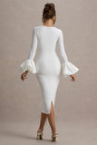 Celie White Long Sleeve Midi Dress With Puff Cuffs