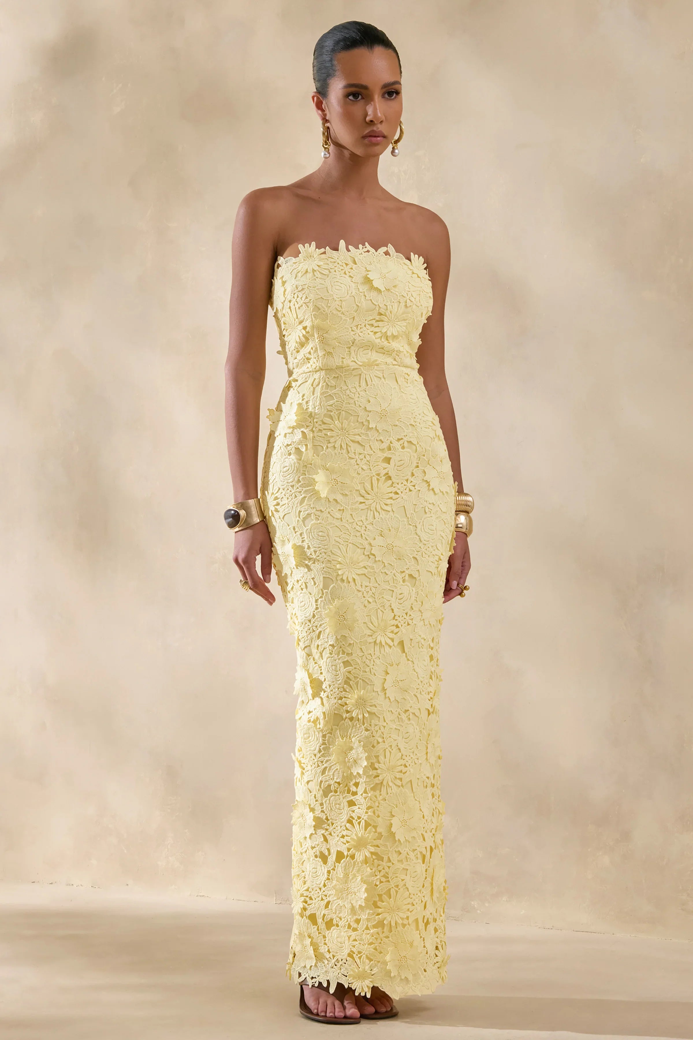 Gracie Lemon Lace Bandeau Maxi Dress