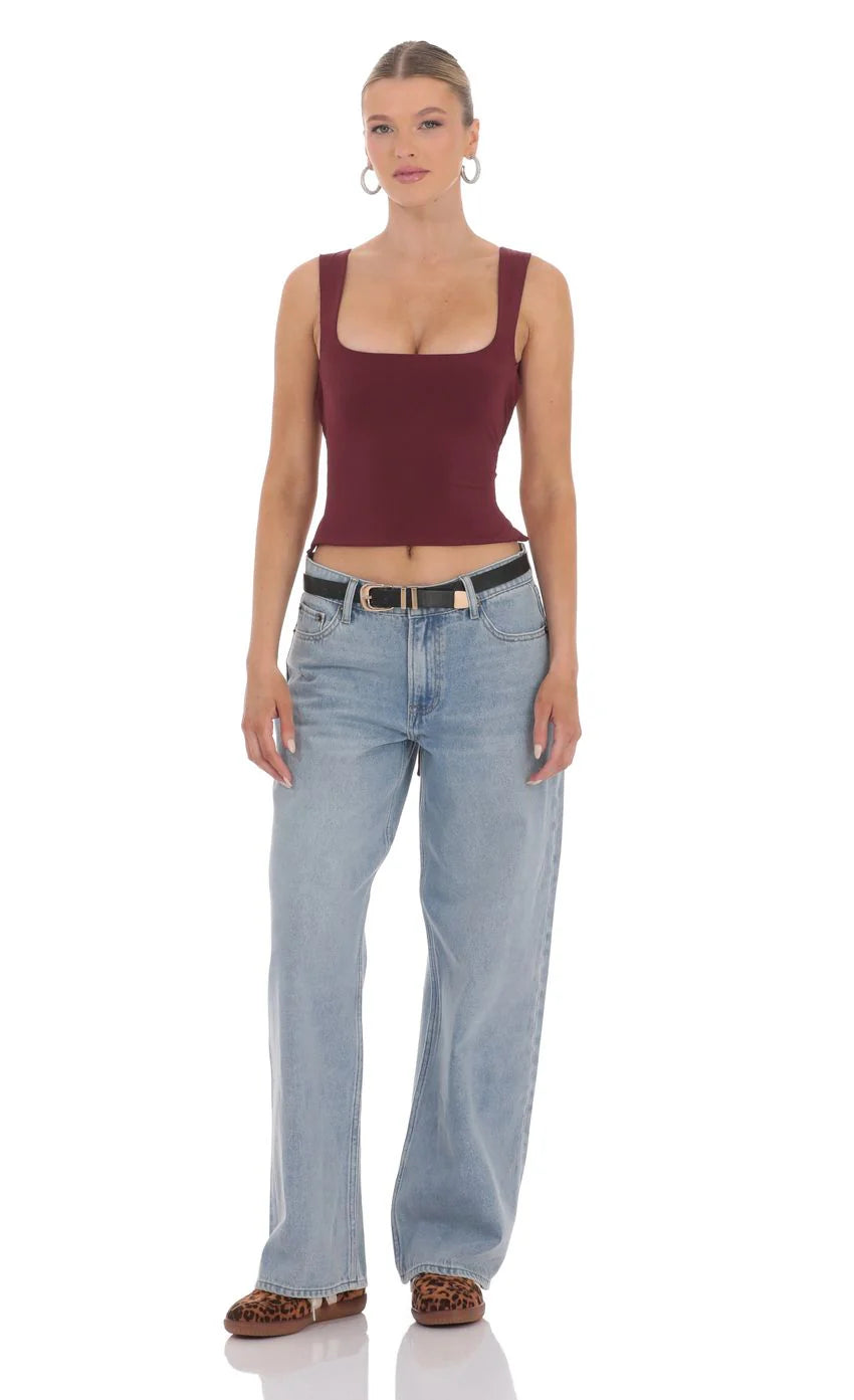 Scoop Neck Open Back Top in Burgundy