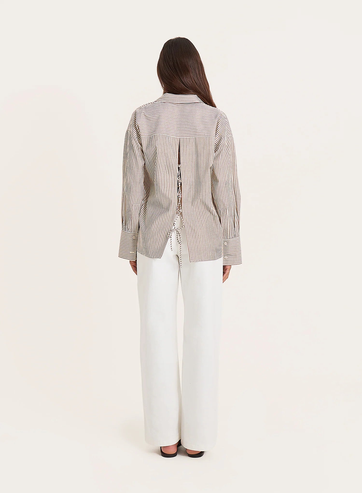 White And Beige Stripe Cotton Tie Back Detail Shirt