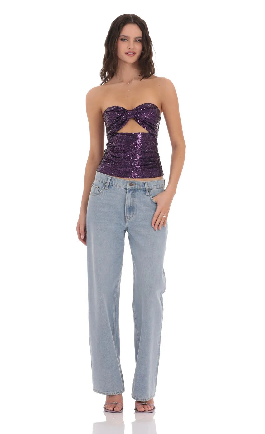 Sequin Cutout Strapless Top in Purple