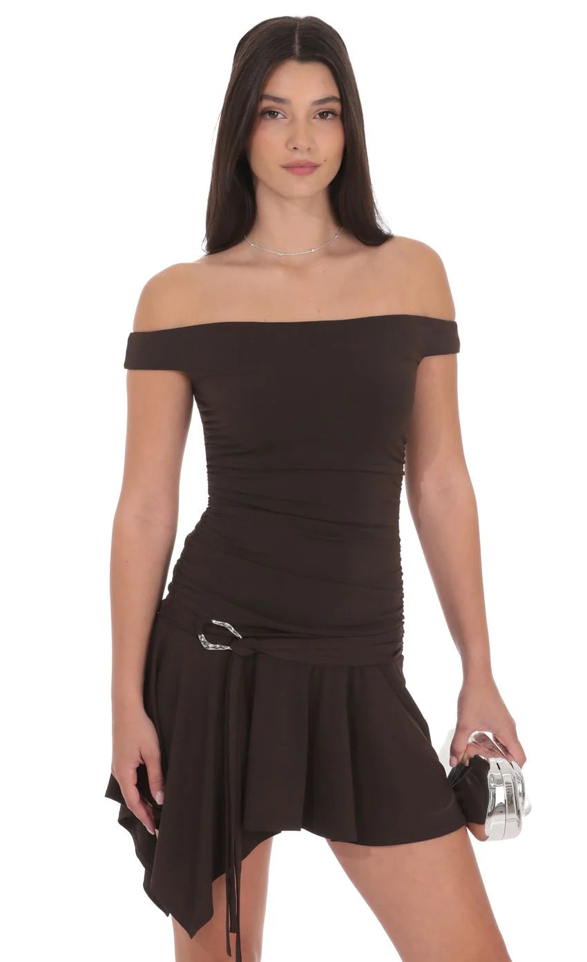 Embellished Off Shoulder Flare Dress in Brown